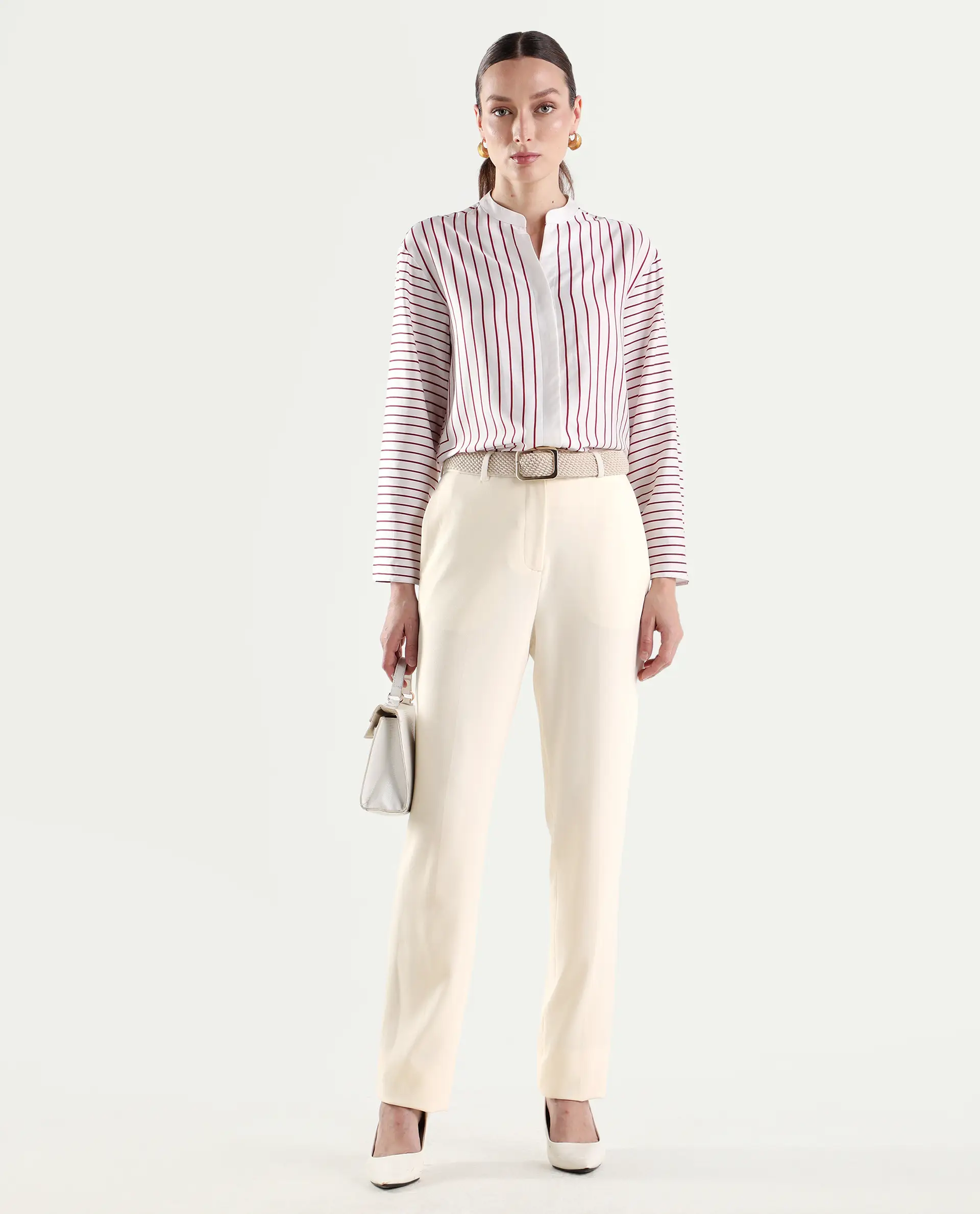 Rareism Women's Paper Off White Viscose Blend Tapered Plain Trouser