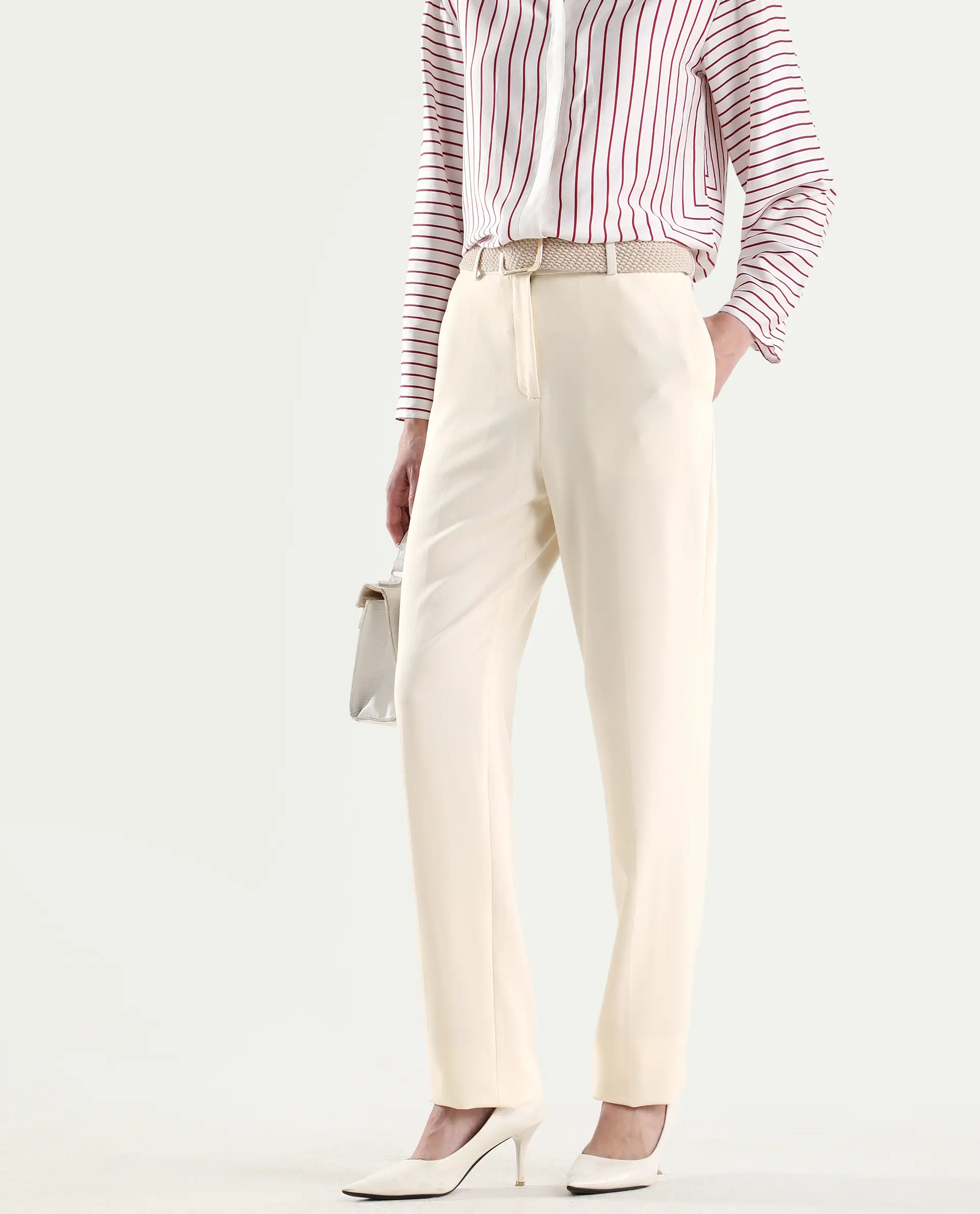 Rareism Women's Paper Off White Viscose Blend Tapered Plain Trouser - Image 2
