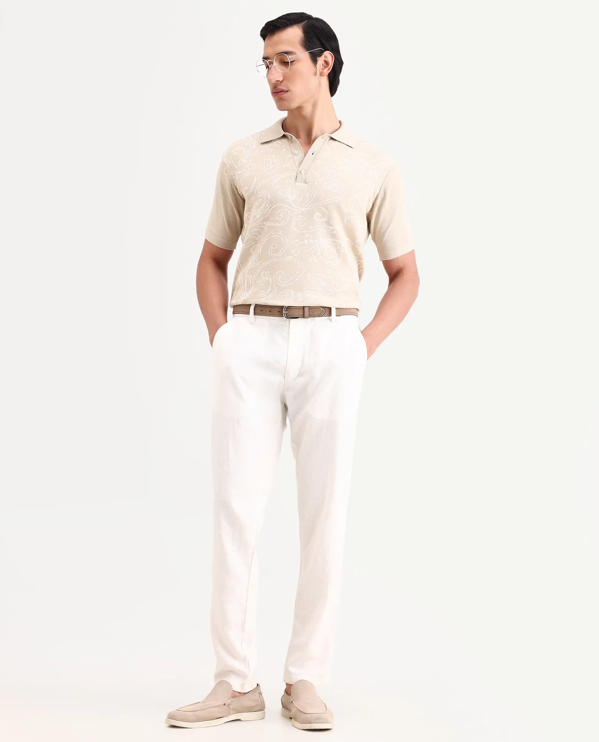 Rare Rabbit Men's Par Beige Cotton Fabric Full Sleeve Regular Fit Floral Print Polo - Image 2
