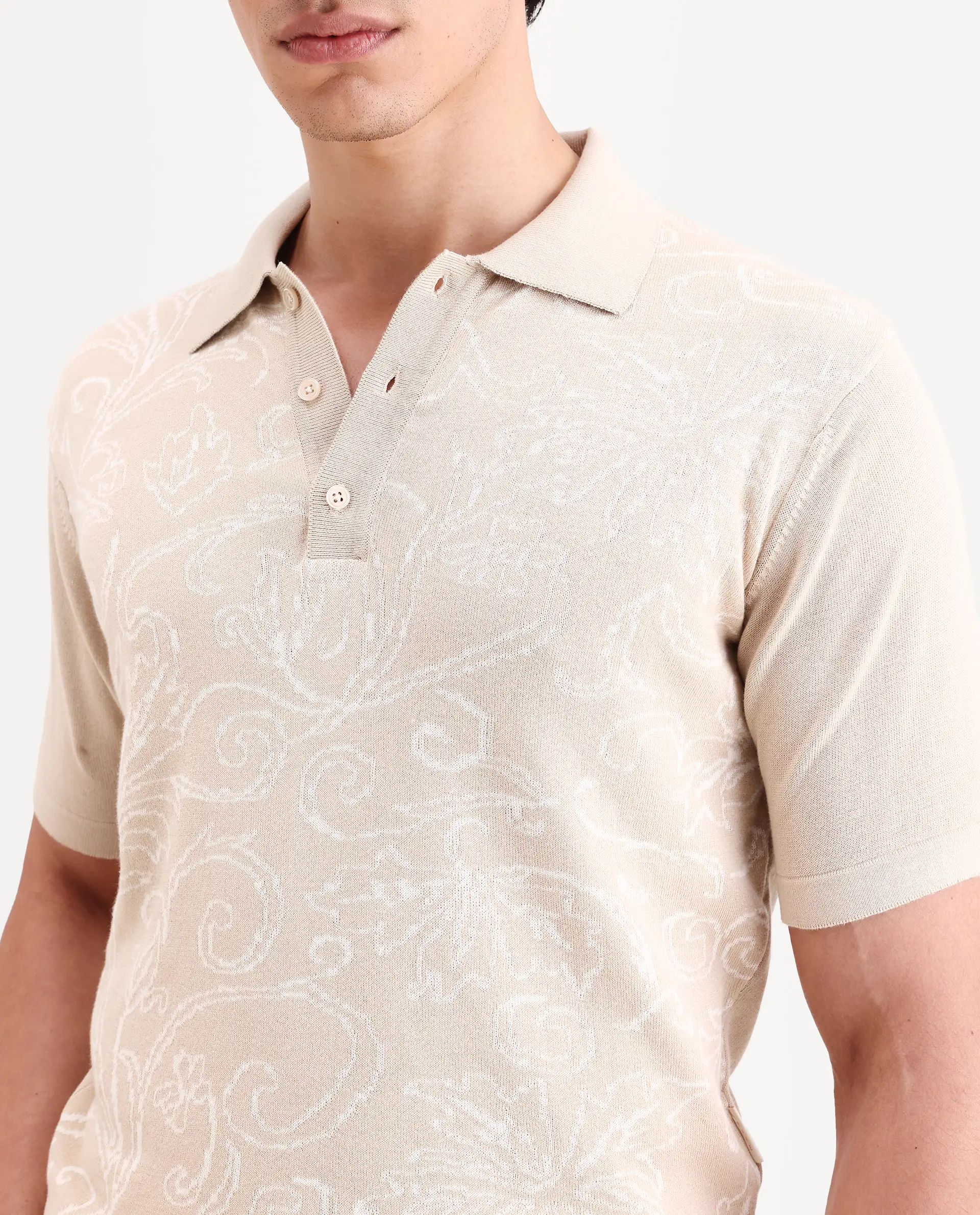 Rare Rabbit Men's Par Beige Cotton Fabric Full Sleeve Regular Fit Floral Print Polo - Image 3