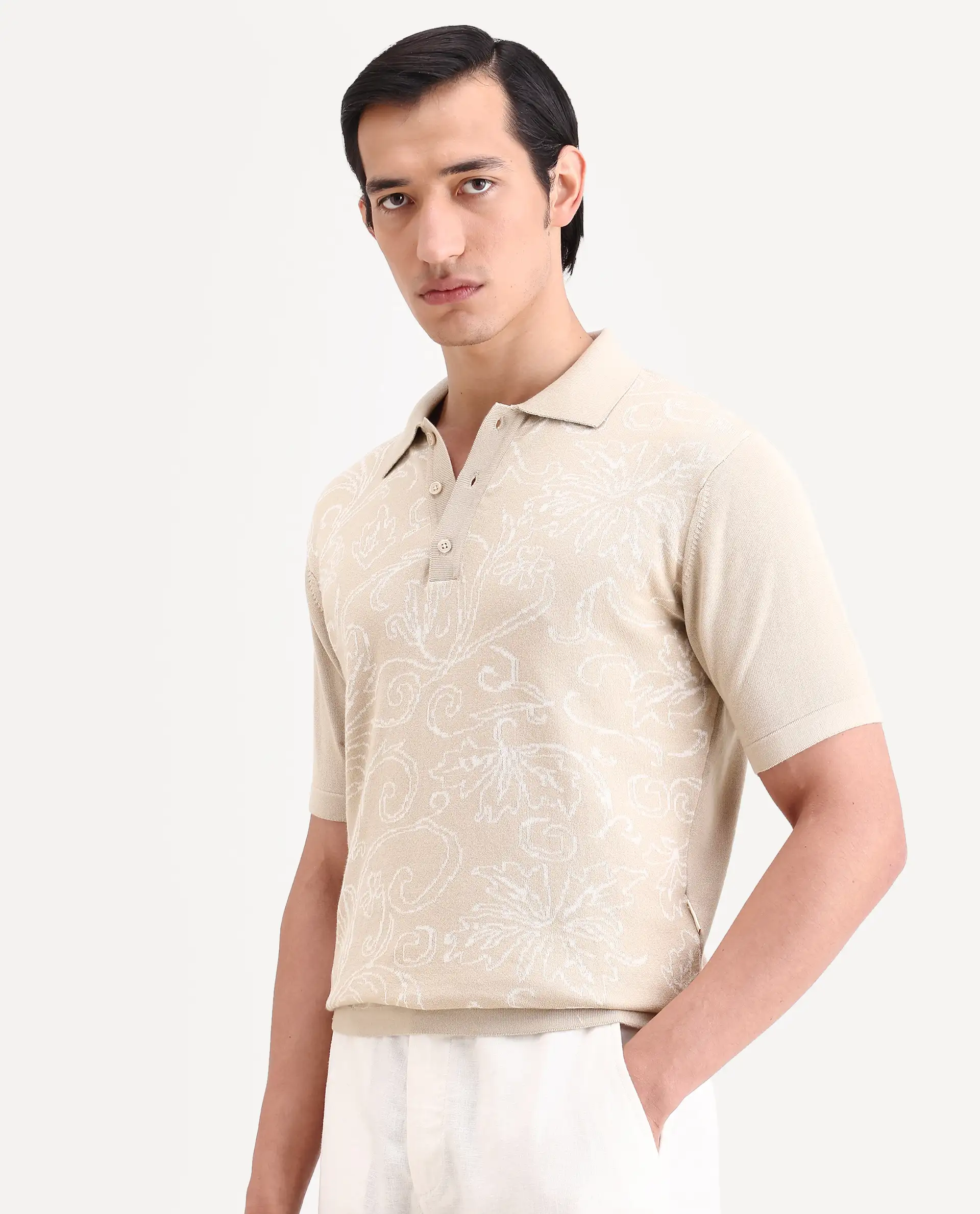 Rare Rabbit Men's Par Beige Cotton Fabric Full Sleeve Regular Fit Floral Print Polo - Image 4