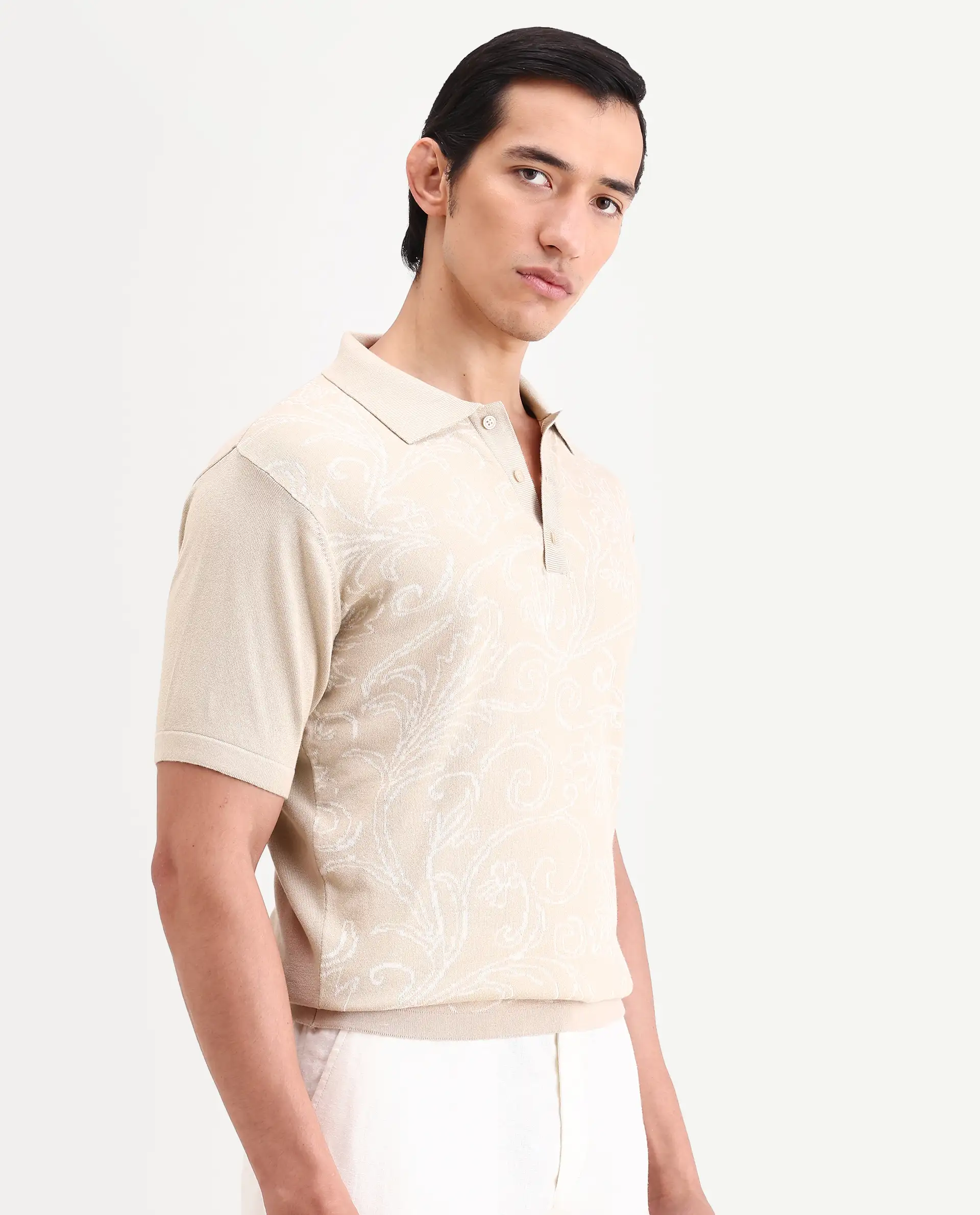 Rare Rabbit Men's Par Beige Cotton Fabric Full Sleeve Regular Fit Floral Print Polo - Image 5