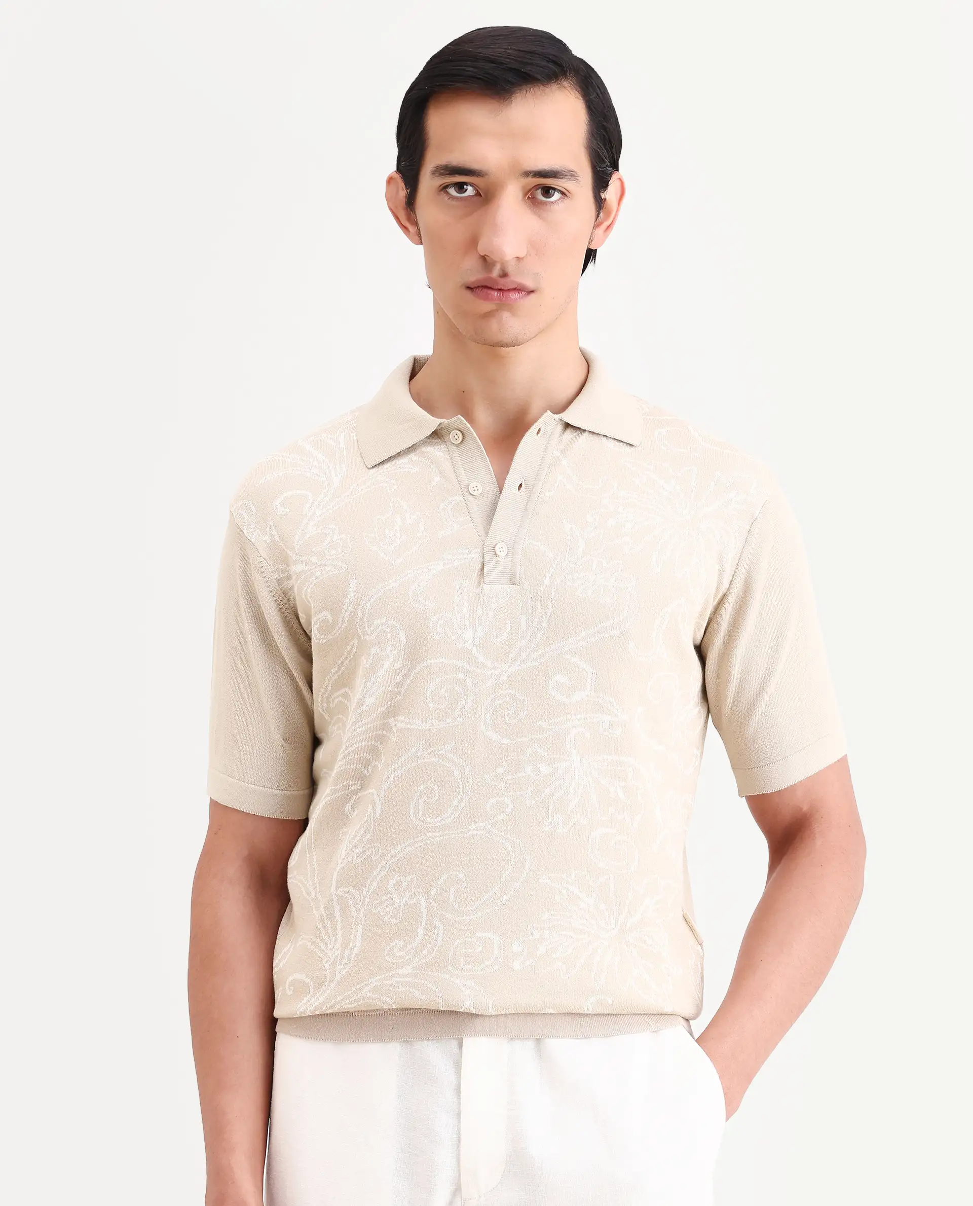 Rare Rabbit Men's Par Beige Cotton Fabric Full Sleeve Regular Fit Floral Print Polo - Image 6