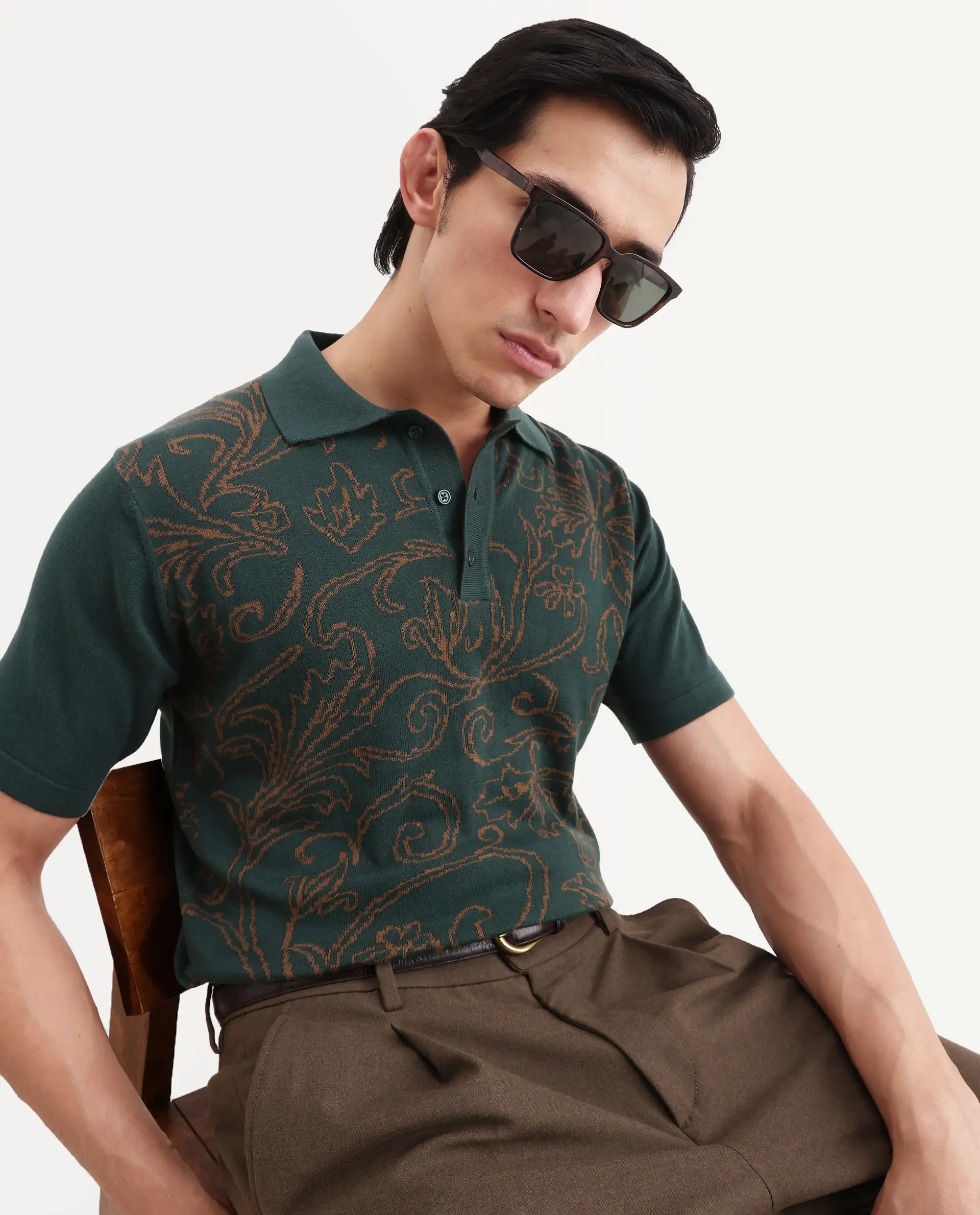 Rare Rabbit Men's Par Dark Green Cotton Fabric Full Sleeve Regular Fit Floral Print Polo