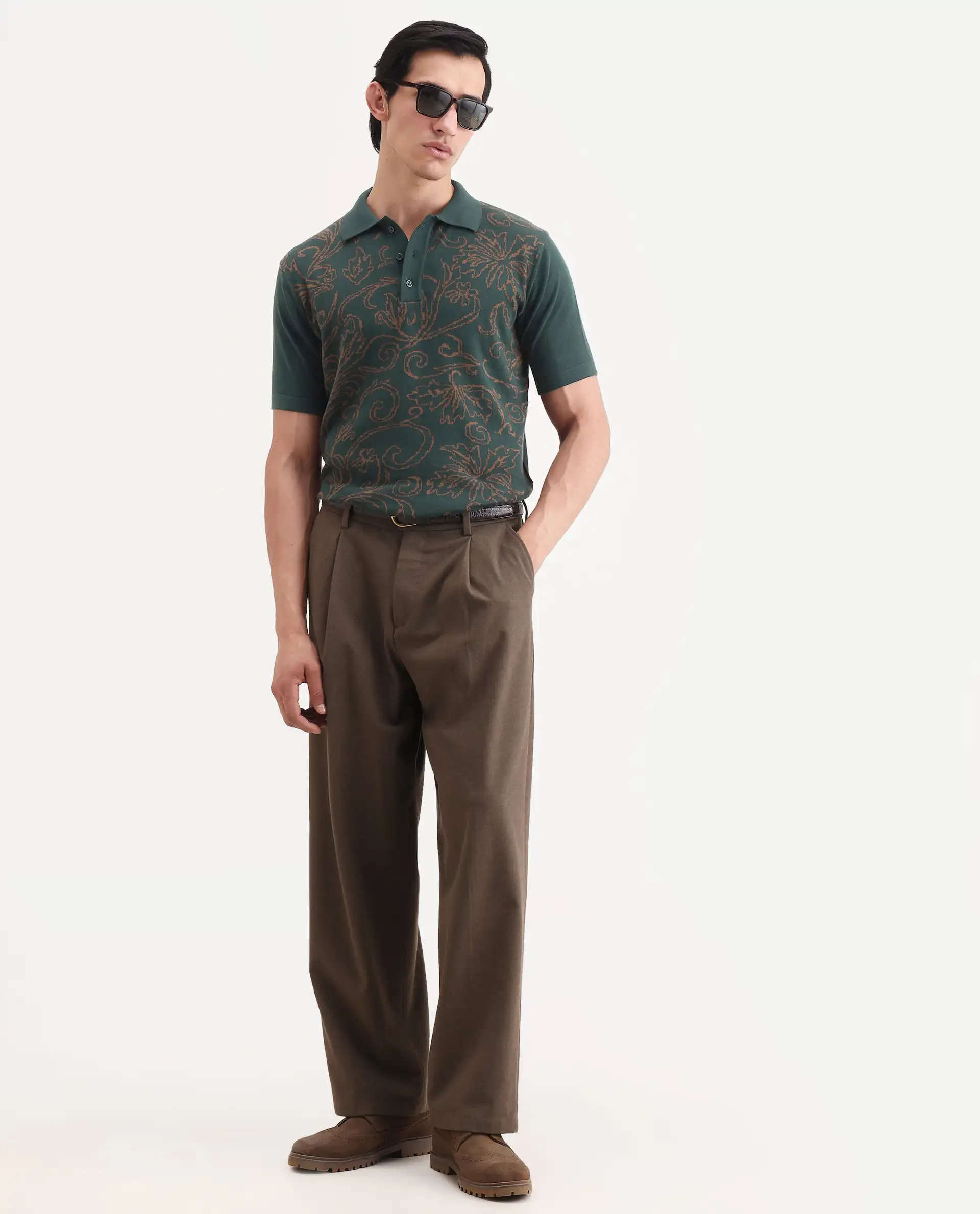 Rare Rabbit Men's Par Dark Green Cotton Fabric Full Sleeve Regular Fit Floral Print Polo - Image 2