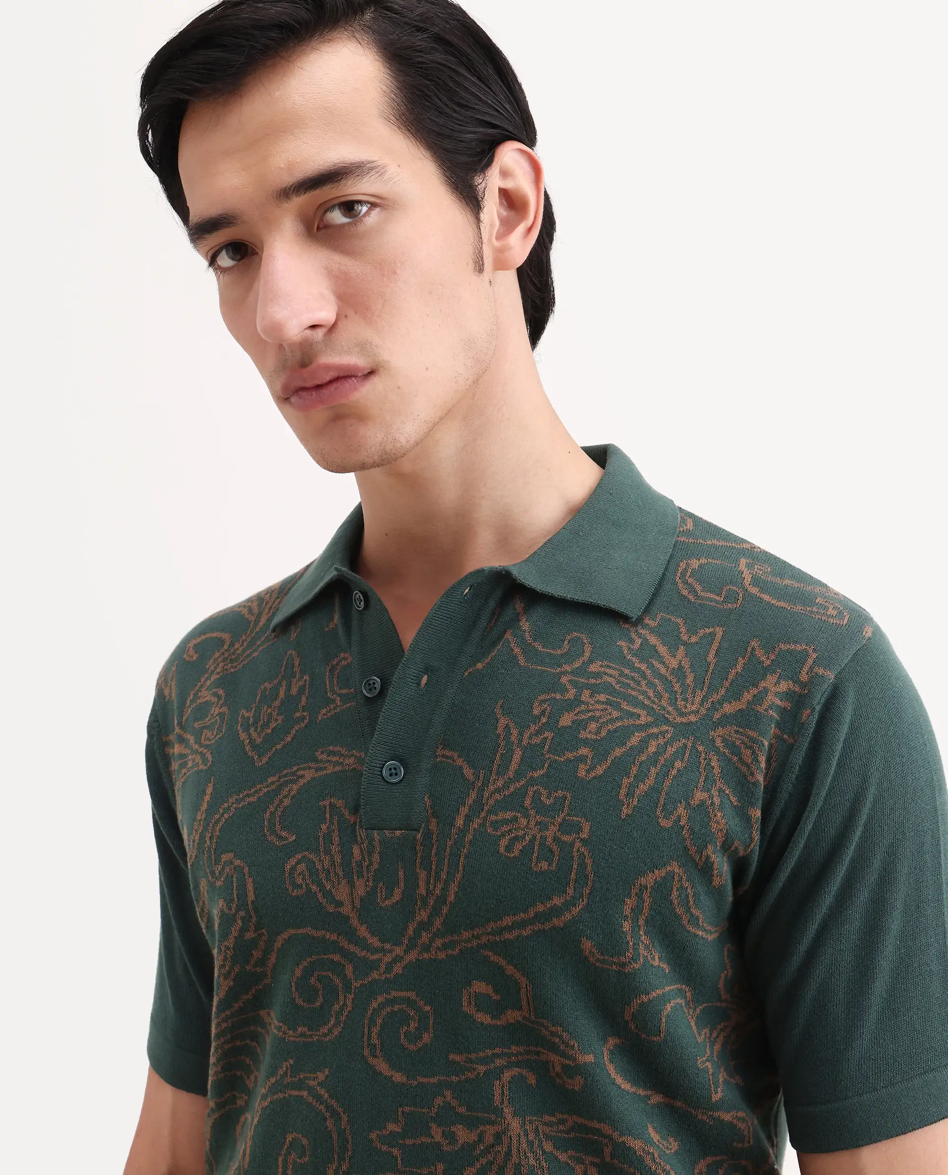 Rare Rabbit Men's Par Dark Green Cotton Fabric Full Sleeve Regular Fit Floral Print Polo - Image 3