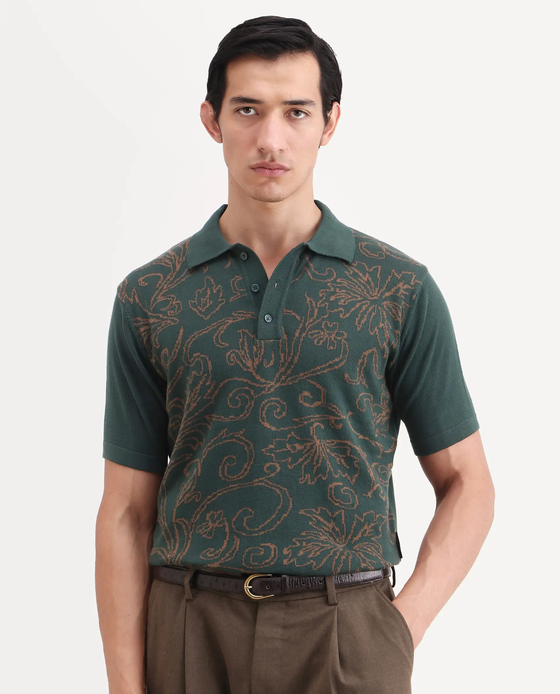 Rare Rabbit Men's Par Dark Green Cotton Fabric Full Sleeve Regular Fit Floral Print Polo - Image 4