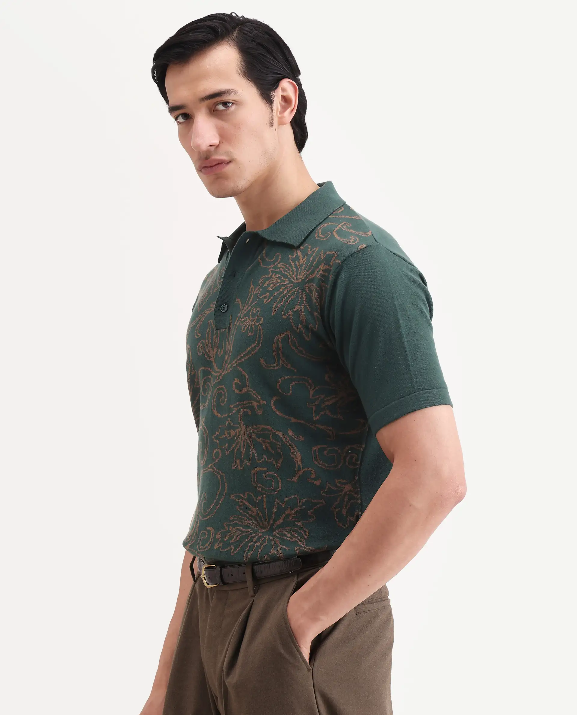 Rare Rabbit Men's Par Dark Green Cotton Fabric Full Sleeve Regular Fit Floral Print Polo - Image 5