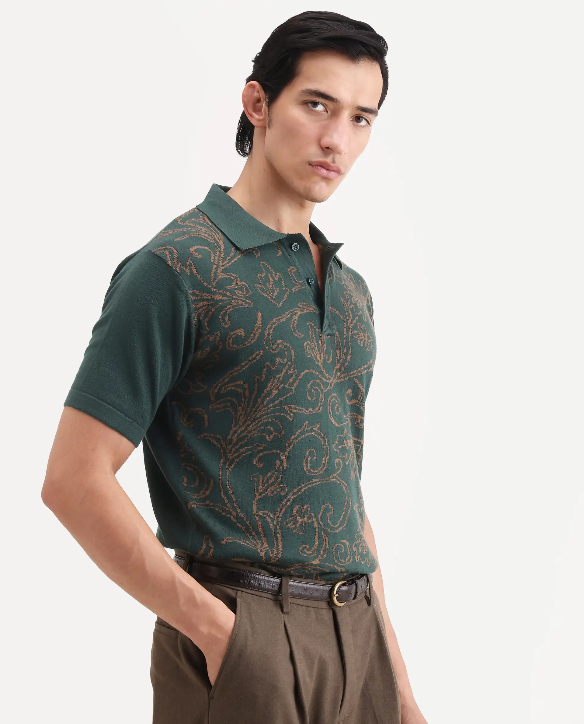 Rare Rabbit Men's Par Dark Green Cotton Fabric Full Sleeve Regular Fit Floral Print Polo - Image 6