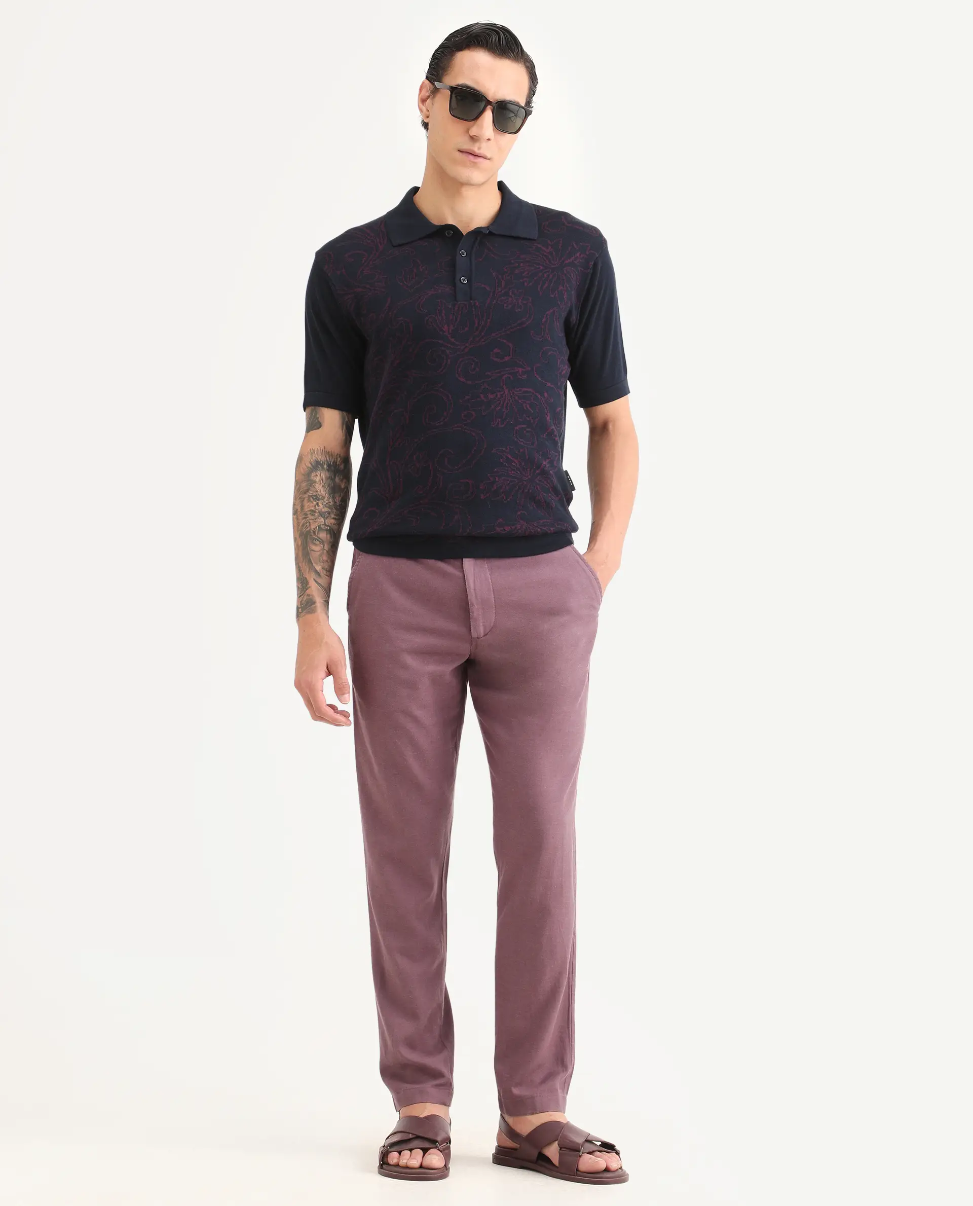 Rare Rabbit Men's Par Navy Cotton Fabric Full Sleeve Regular Fit Floral Print Polo - Image 2