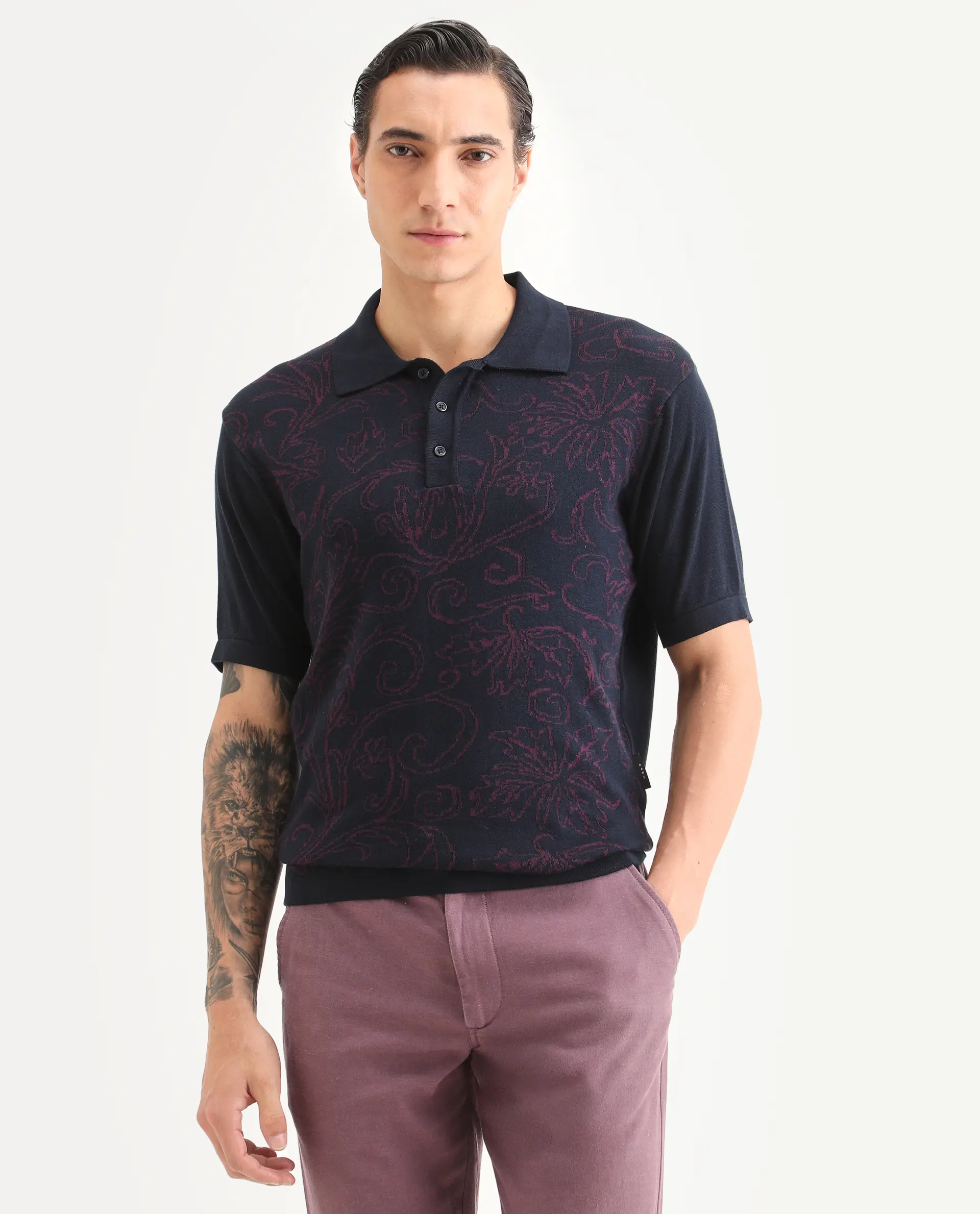 Rare Rabbit Men's Par Navy Cotton Fabric Full Sleeve Regular Fit Floral Print Polo - Image 3