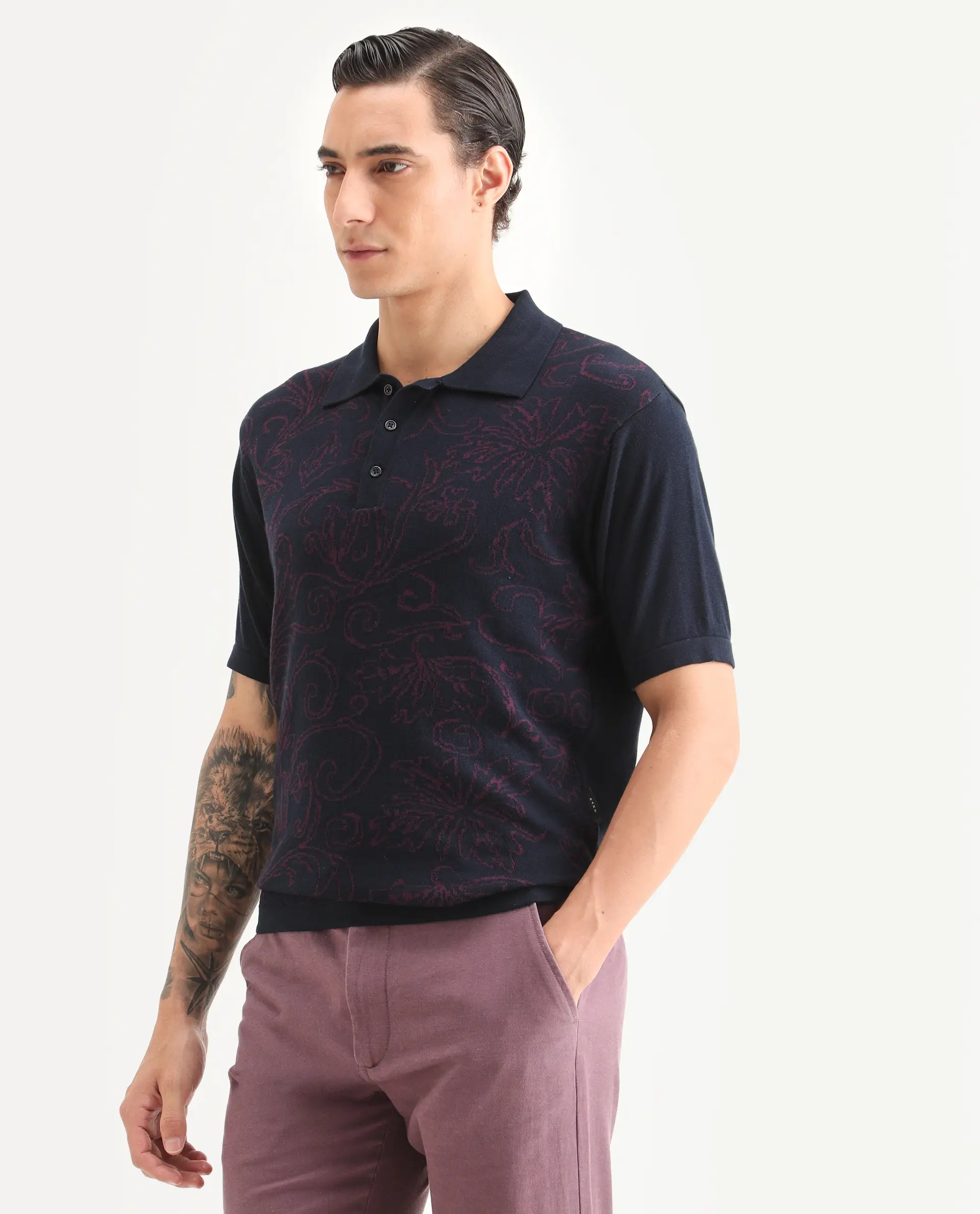 Rare Rabbit Men's Par Navy Cotton Fabric Full Sleeve Regular Fit Floral Print Polo - Image 4