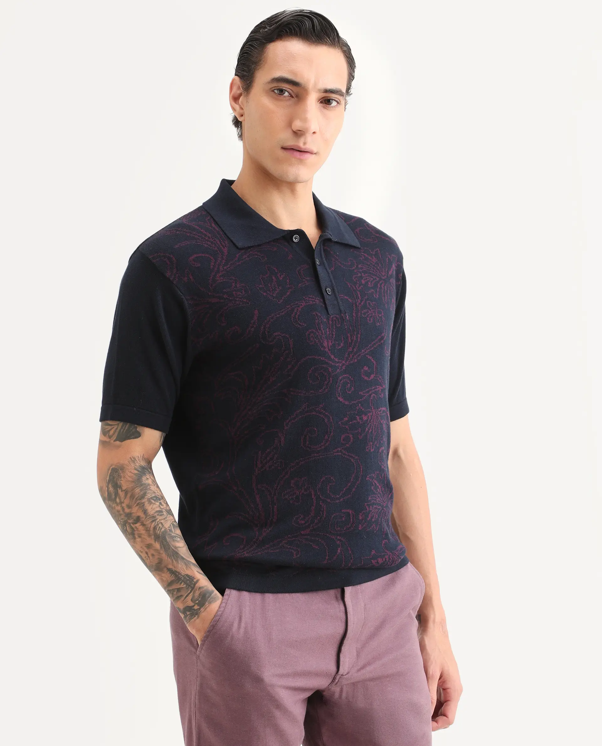 Rare Rabbit Men's Par Navy Cotton Fabric Full Sleeve Regular Fit Floral Print Polo - Image 5
