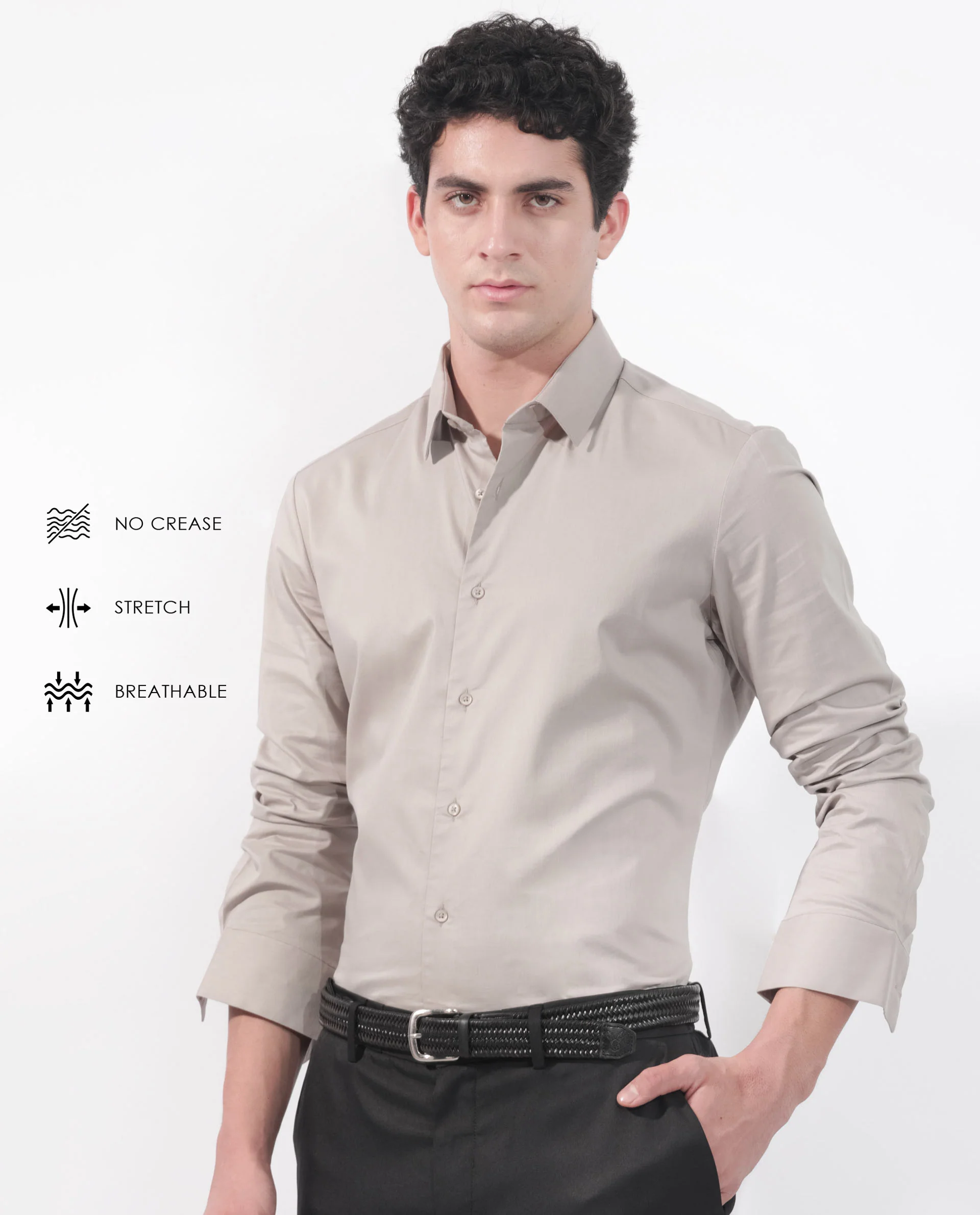 Rare Rabbit Men's Para Beige Cotton Fabric Full Sleeves Creaseless Solid Shirt