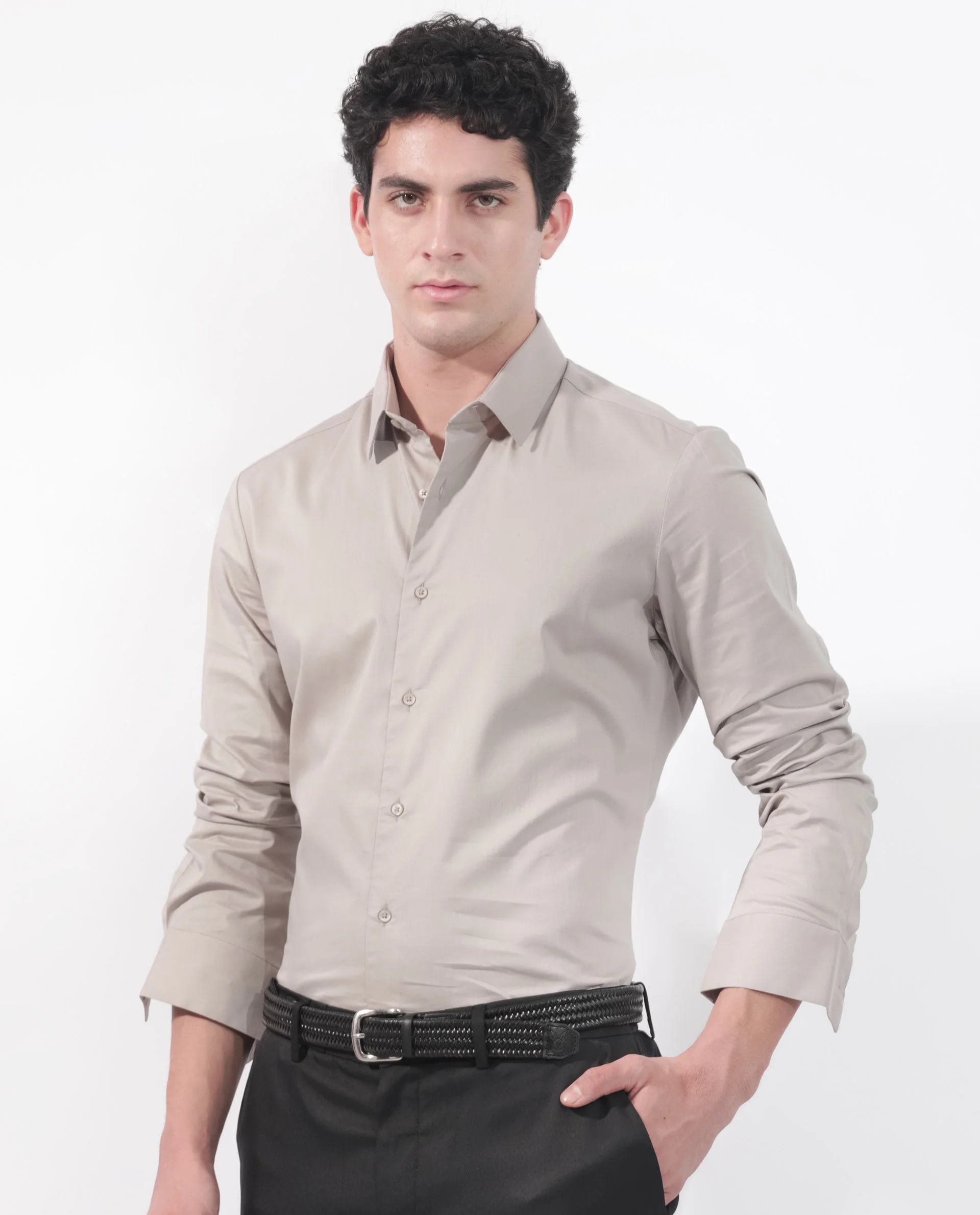Rare Rabbit Men's Para Beige Cotton Fabric Full Sleeves Creaseless Solid Shirt - Image 2