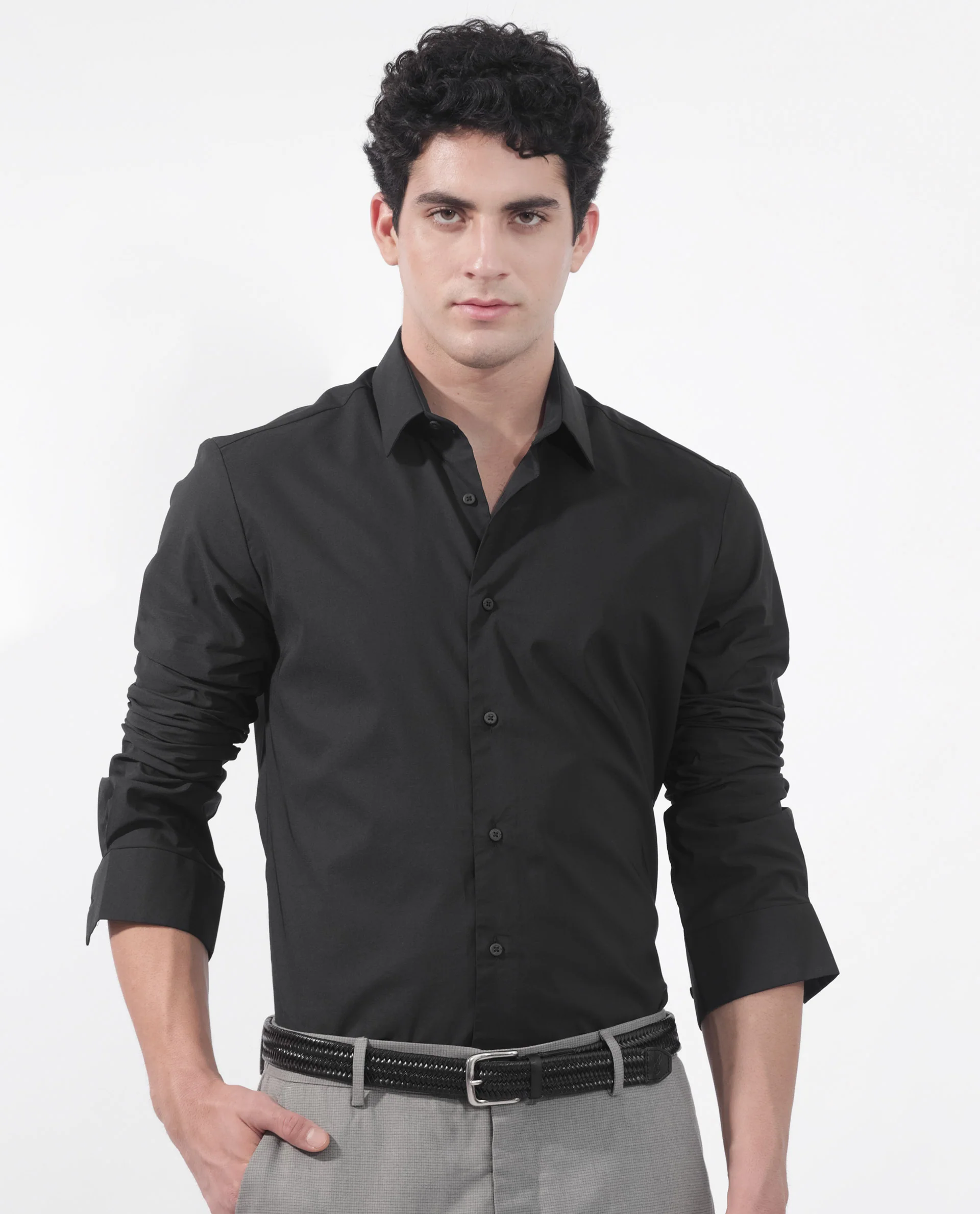 Rare Rabbit Men's Para Black Cotton Fabric Full Sleeves Creaseless Solid Shirt - Image 4