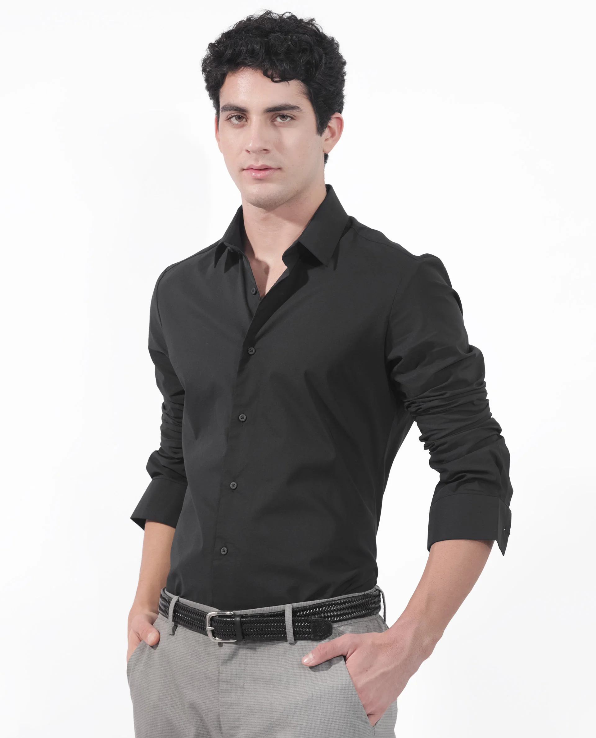 Rare Rabbit Men's Para Black Cotton Fabric Full Sleeves Creaseless Solid Shirt - Image 6