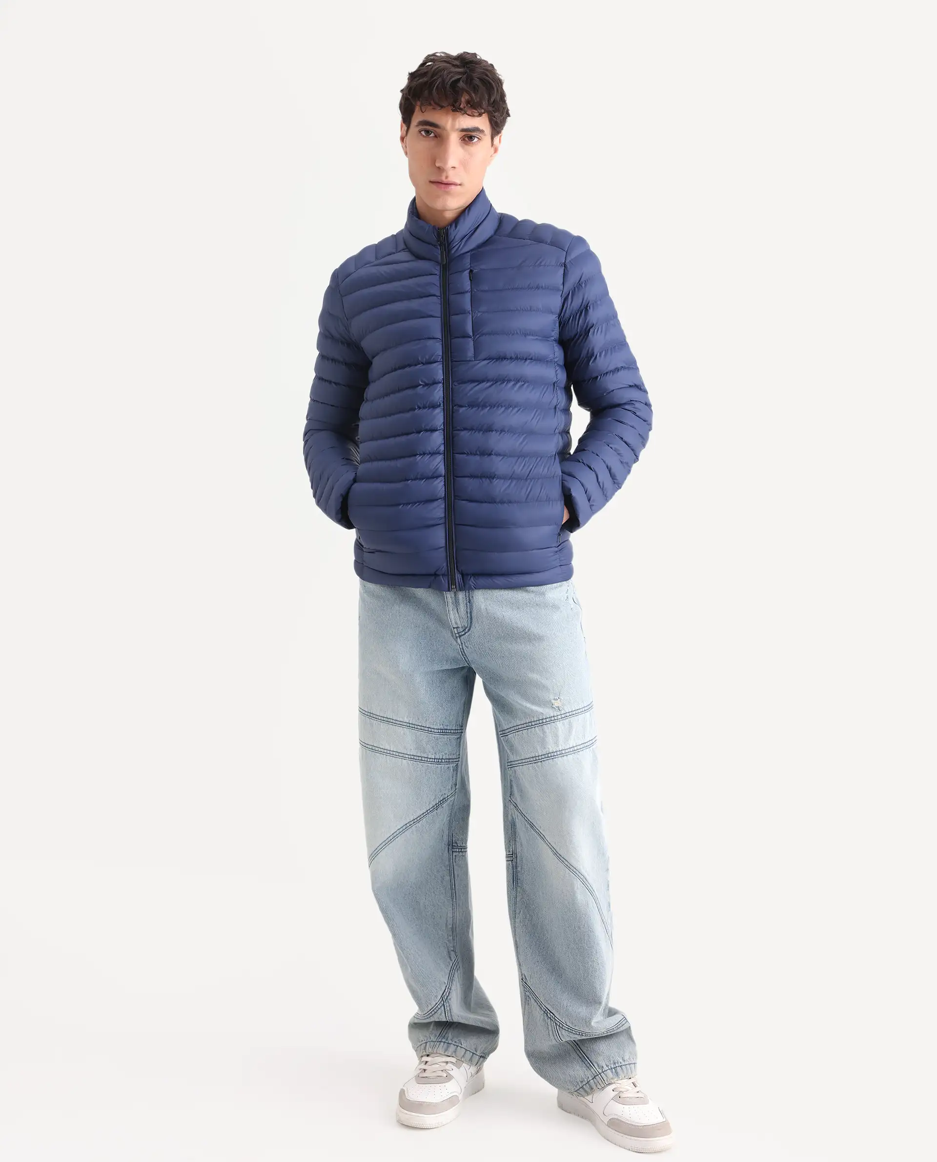 Rare Rabbit Men's Paralite Blue Plain Regular Fit Full Sleeve High Neck Jacket - Image 3