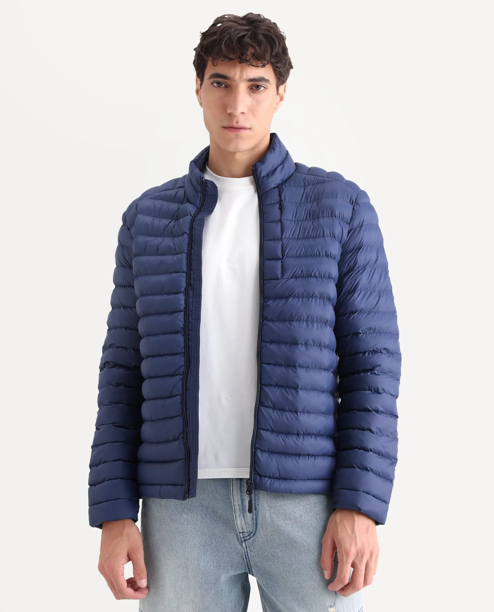 Rare Rabbit Men's Paralite Blue Plain Regular Fit Full Sleeve High Neck Jacket - Image 4