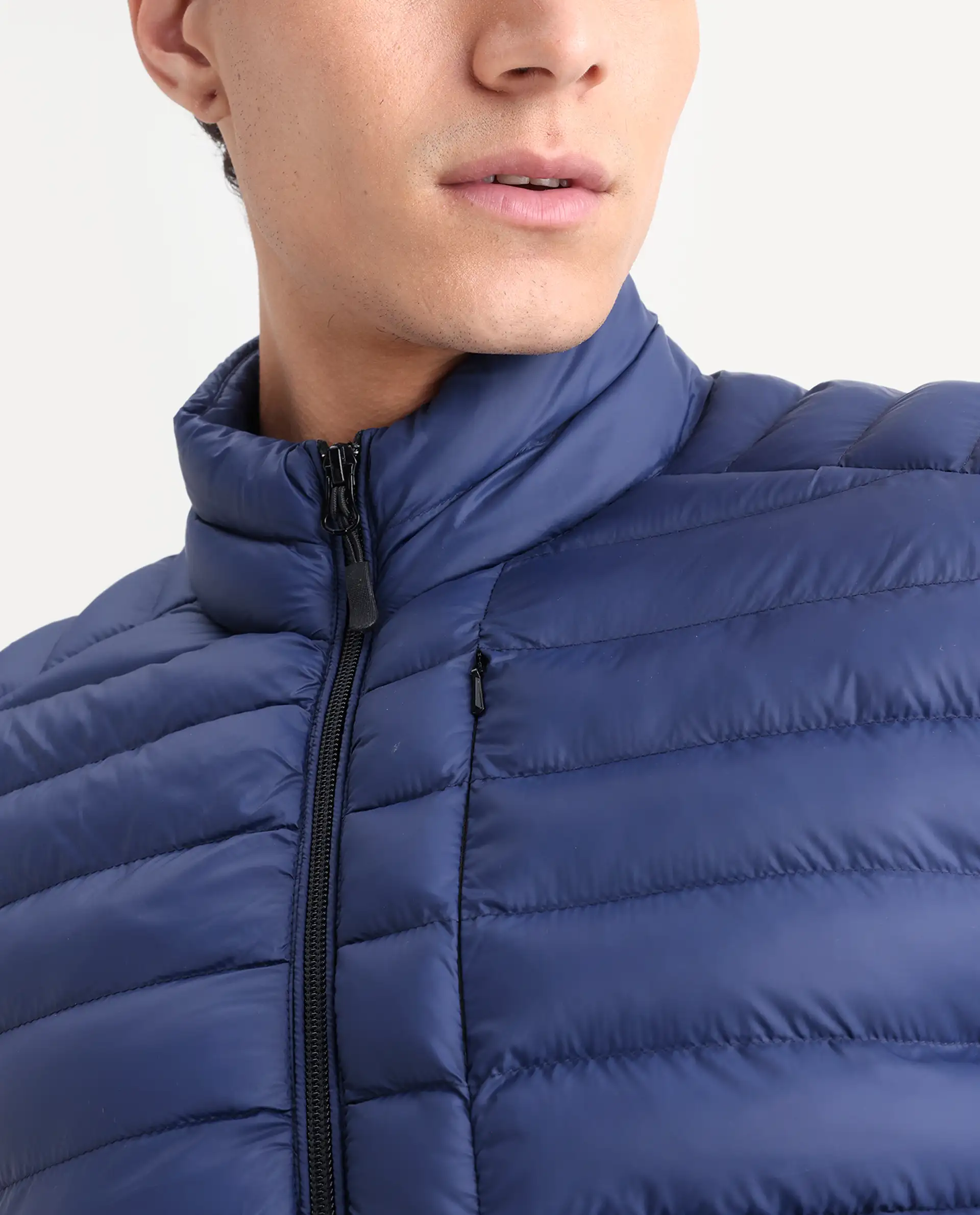 Rare Rabbit Men's Paralite Blue Plain Regular Fit Full Sleeve High Neck Jacket - Image 5