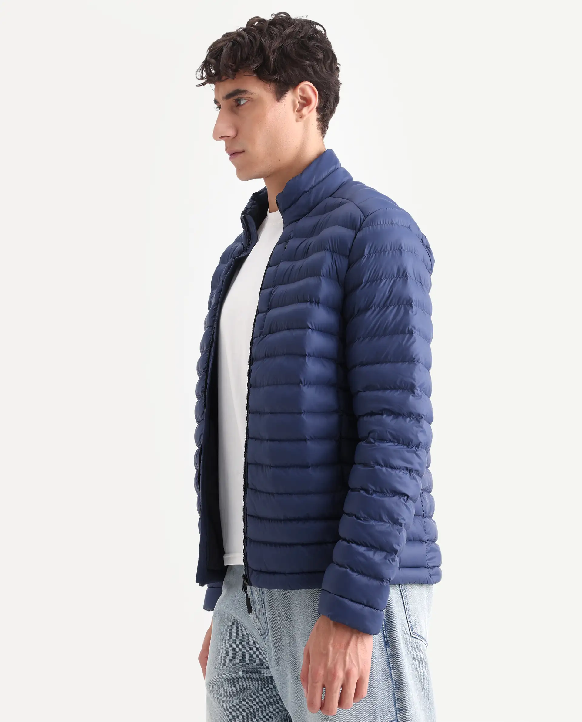 Rare Rabbit Men's Paralite Blue Plain Regular Fit Full Sleeve High Neck Jacket - Image 7