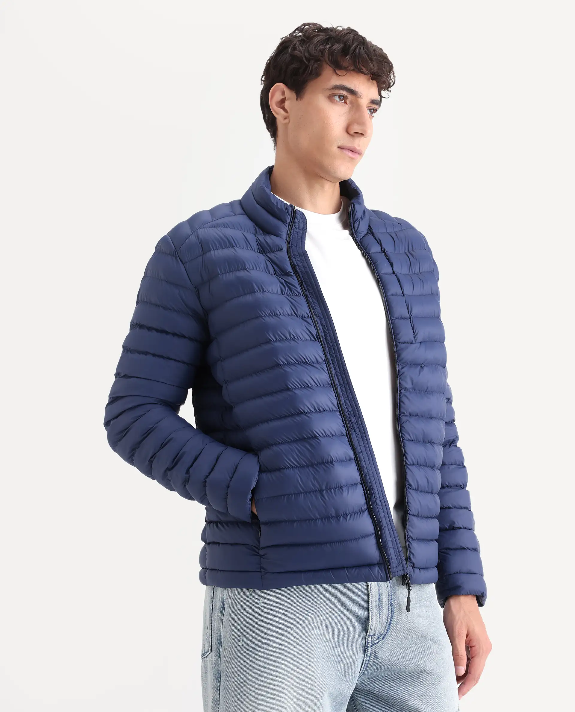 Rare Rabbit Men's Paralite Blue Plain Regular Fit Full Sleeve High Neck Jacket - Image 8