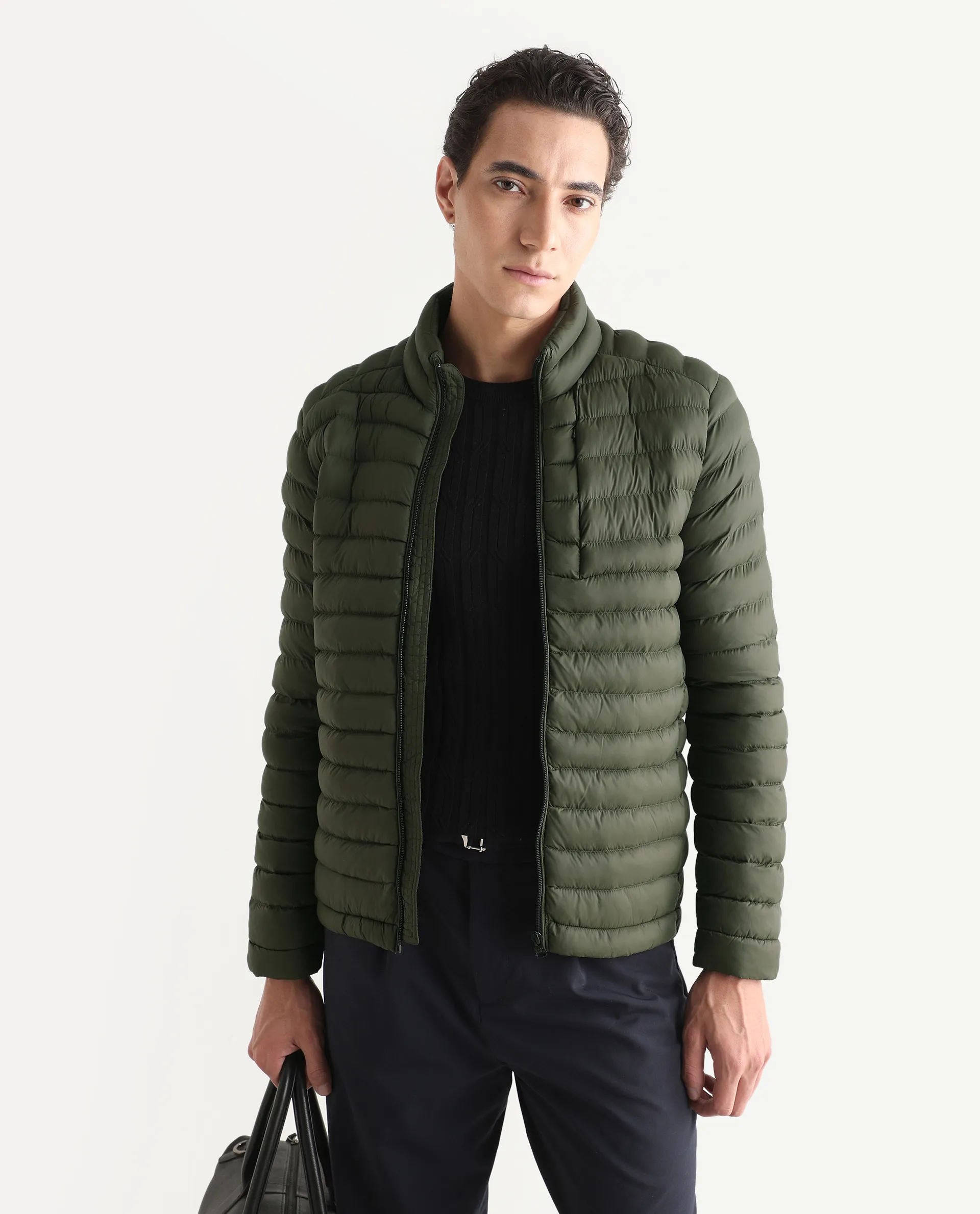 Rare Rabbit Men's Paralite Olive Plain Regular Fit Full Sleeve High Neck Jacket