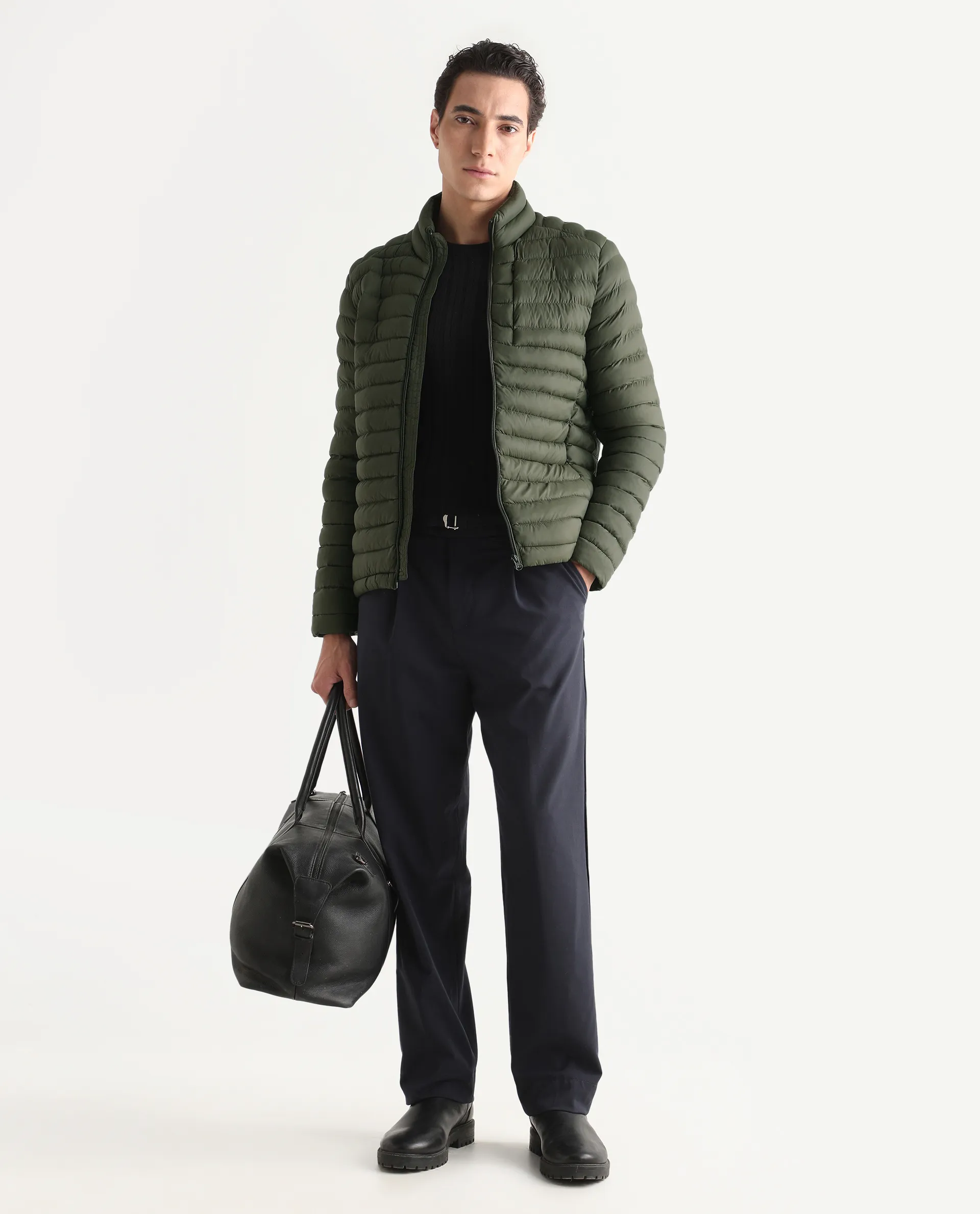 Rare Rabbit Men's Paralite Olive Plain Regular Fit Full Sleeve High Neck Jacket - Image 2