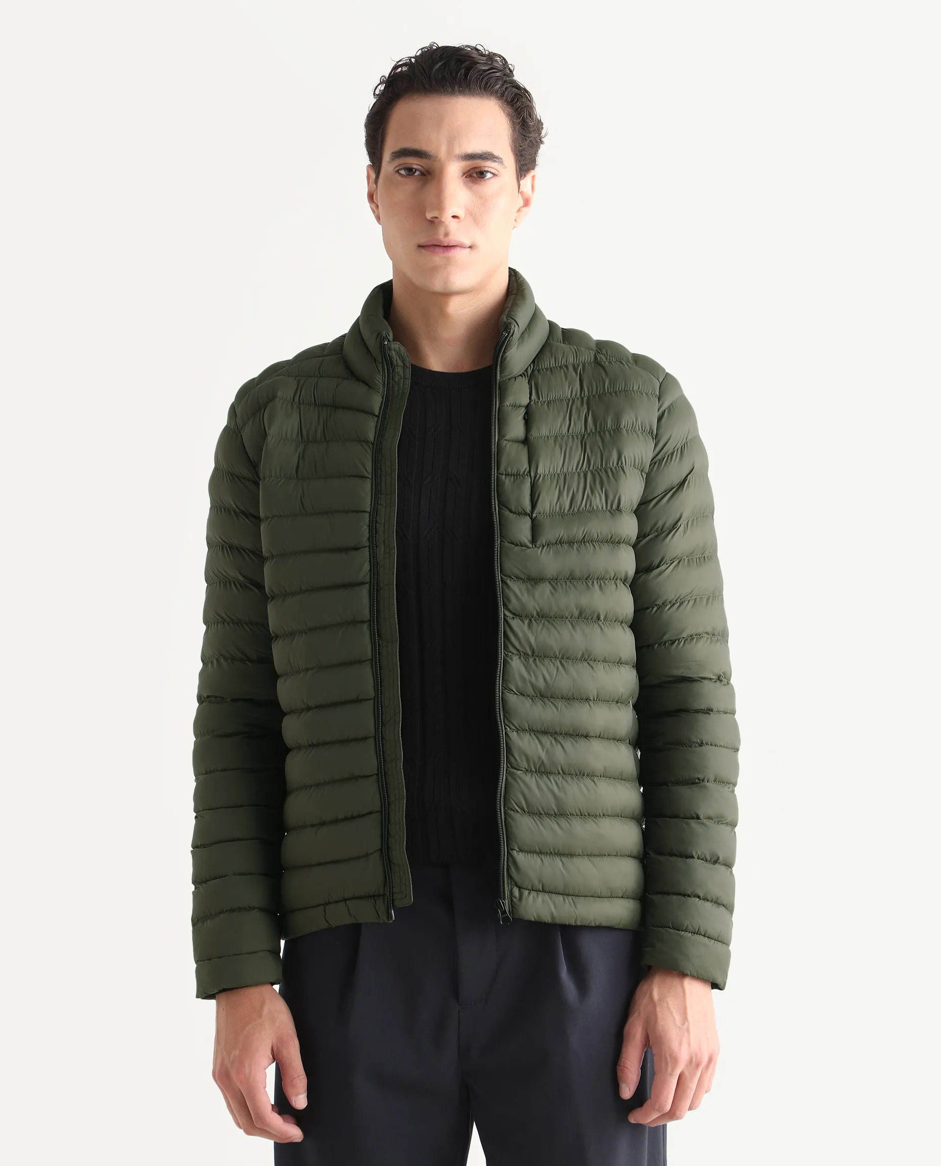 Rare Rabbit Men's Paralite Olive Plain Regular Fit Full Sleeve High Neck Jacket - Image 3