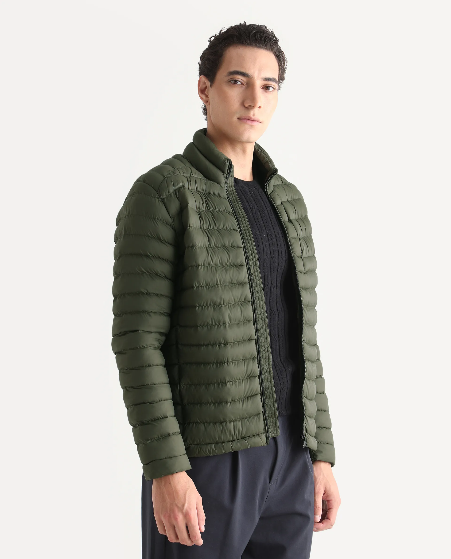 Rare Rabbit Men's Paralite Olive Plain Regular Fit Full Sleeve High Neck Jacket - Image 5