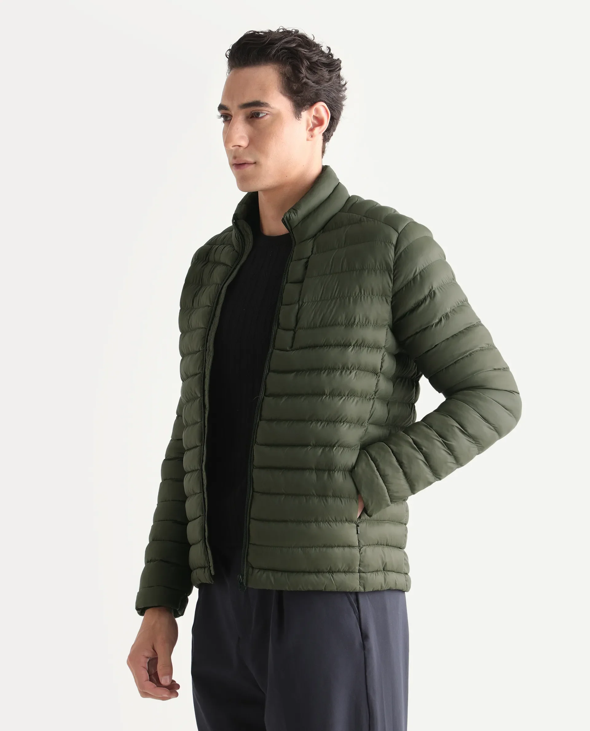 Rare Rabbit Men's Paralite Olive Plain Regular Fit Full Sleeve High Neck Jacket - Image 6