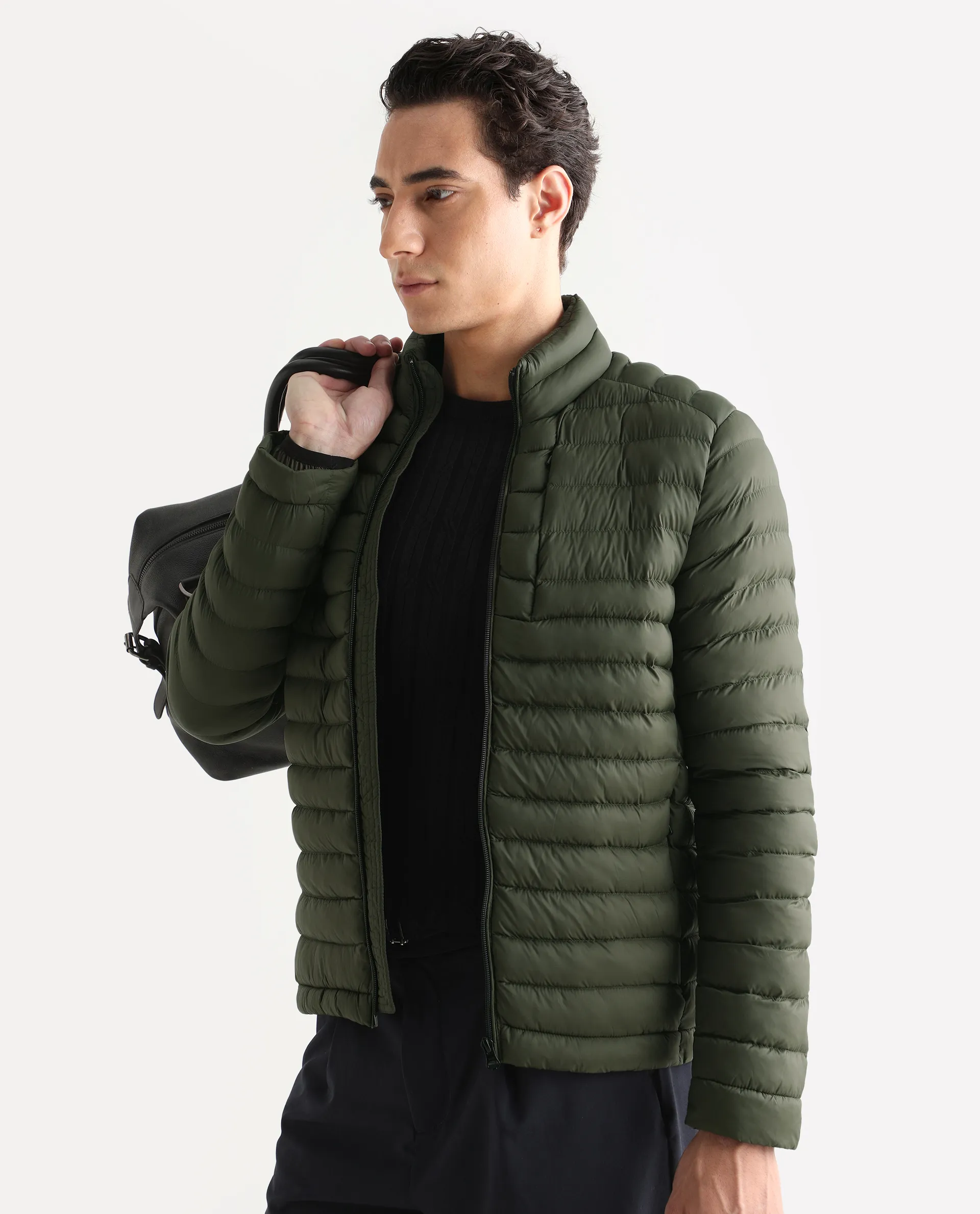 Rare Rabbit Men's Paralite Olive Plain Regular Fit Full Sleeve High Neck Jacket - Image 7