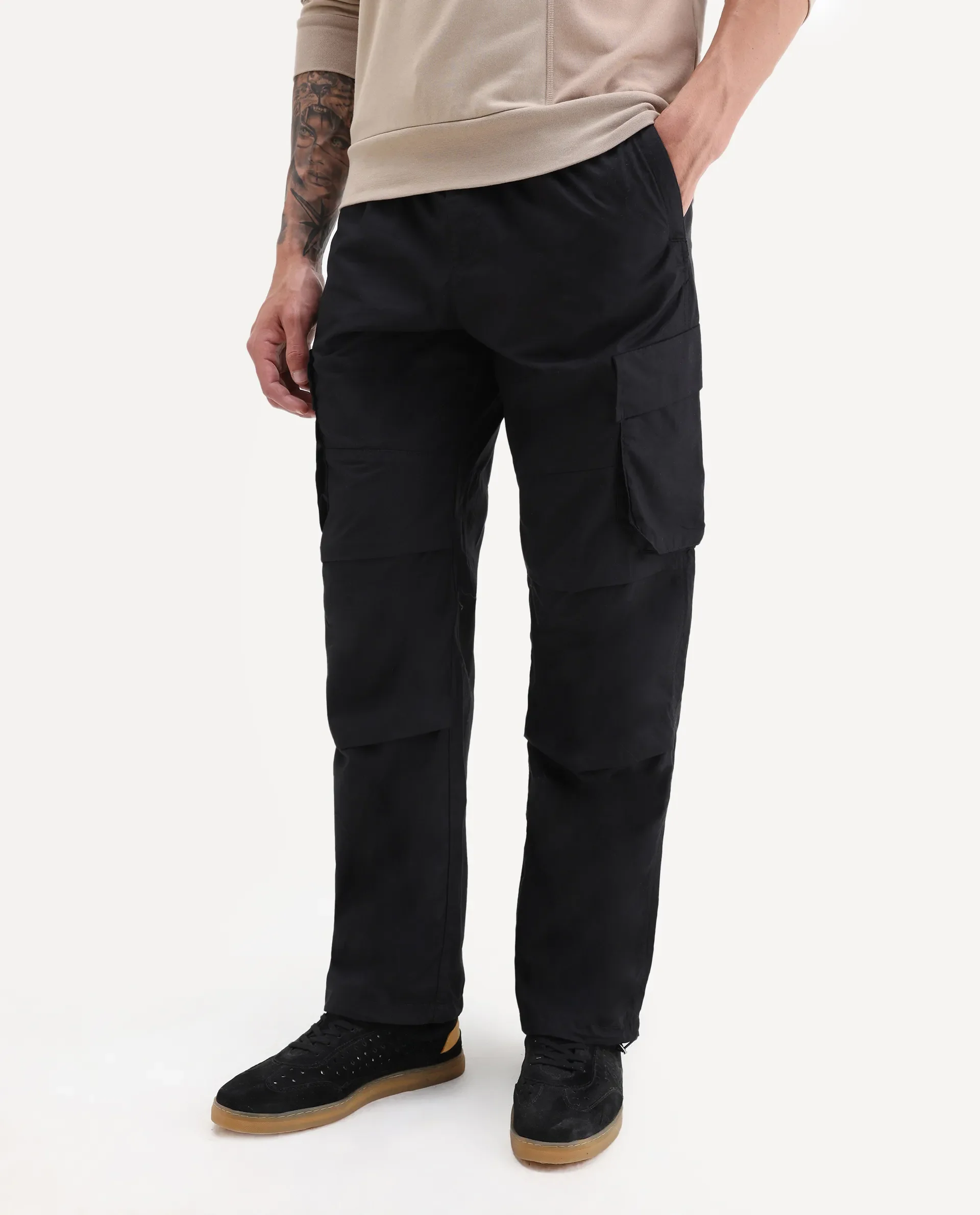 Rare Rabbit Men's Parc Black Cotton Plain Regular Fit Trouser - Image 2