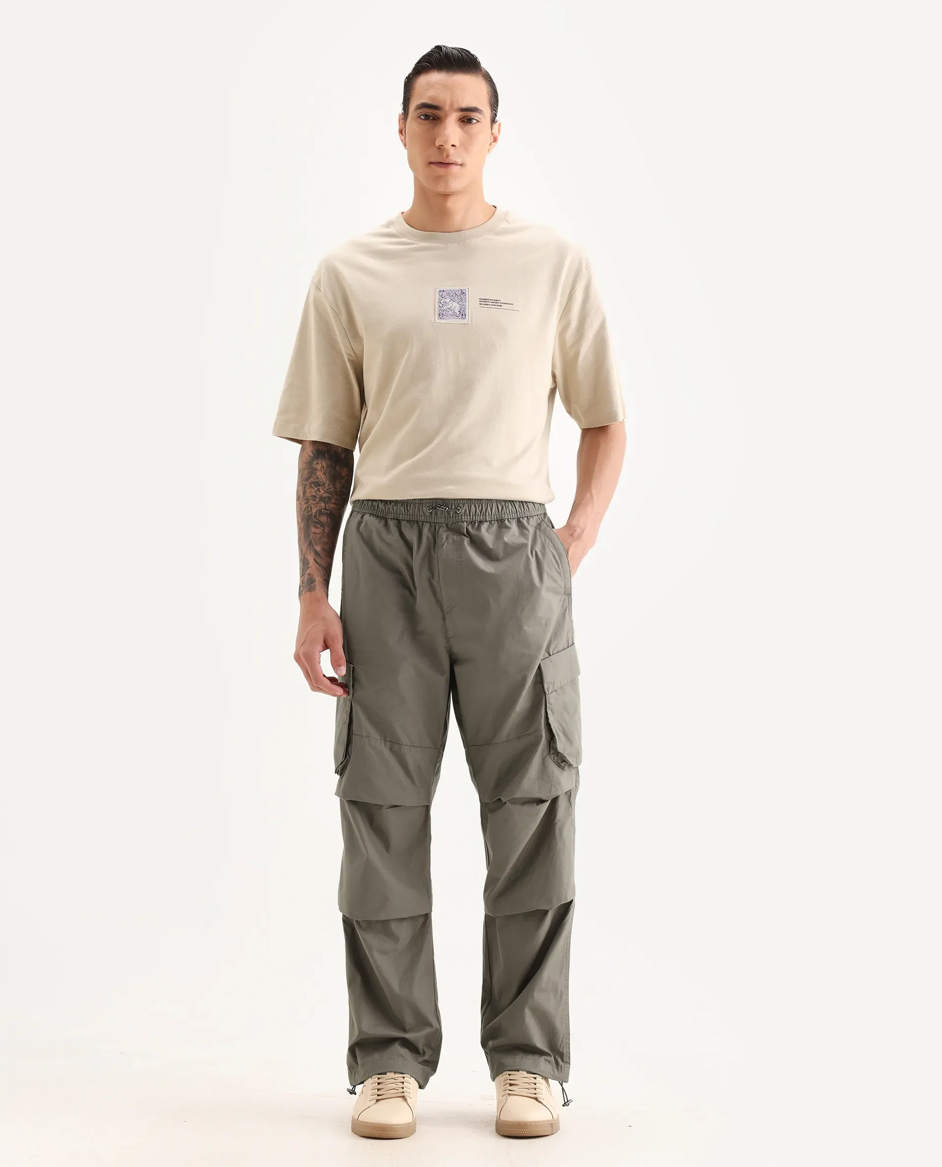 Rare Rabbit Men's Parc Dusky Olive Cotton Plain Regular Fit Trouser - Image 4