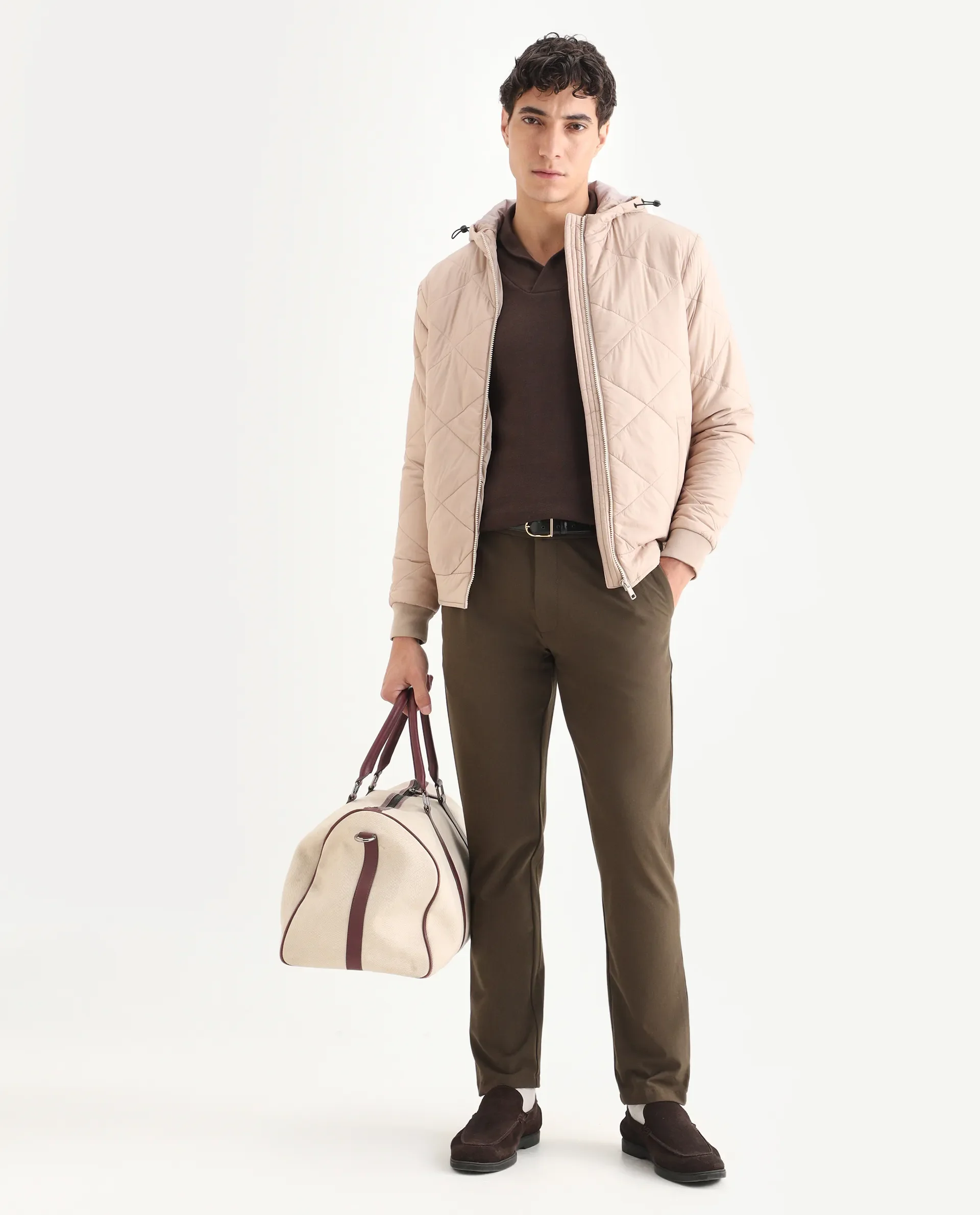 Rare Rabbit Men's Parco Dark Beige Nylon Plain Regular Fit Full Sleeve Hooded Jacket - Image 2