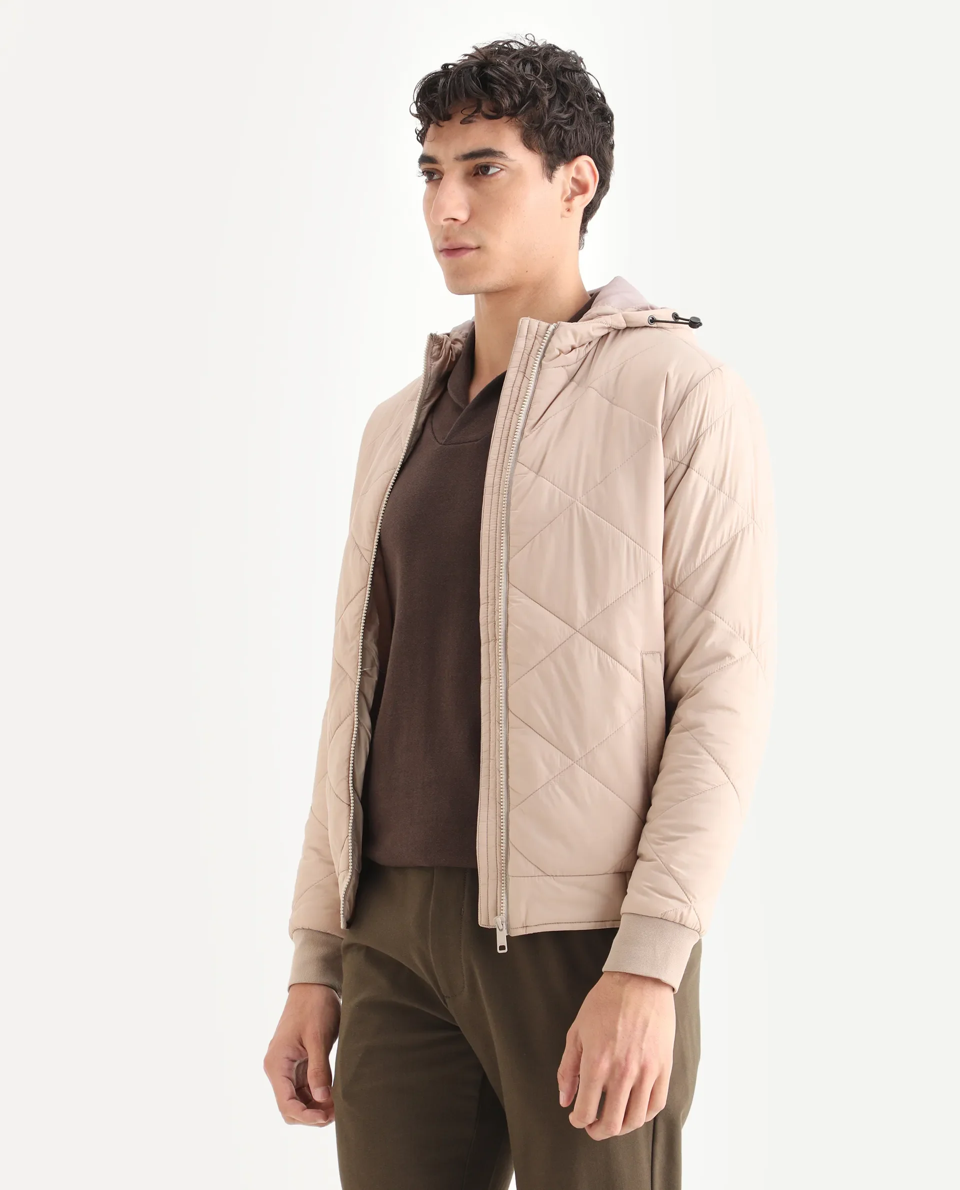 Rare Rabbit Men's Parco Dark Beige Nylon Plain Regular Fit Full Sleeve Hooded Jacket - Image 4