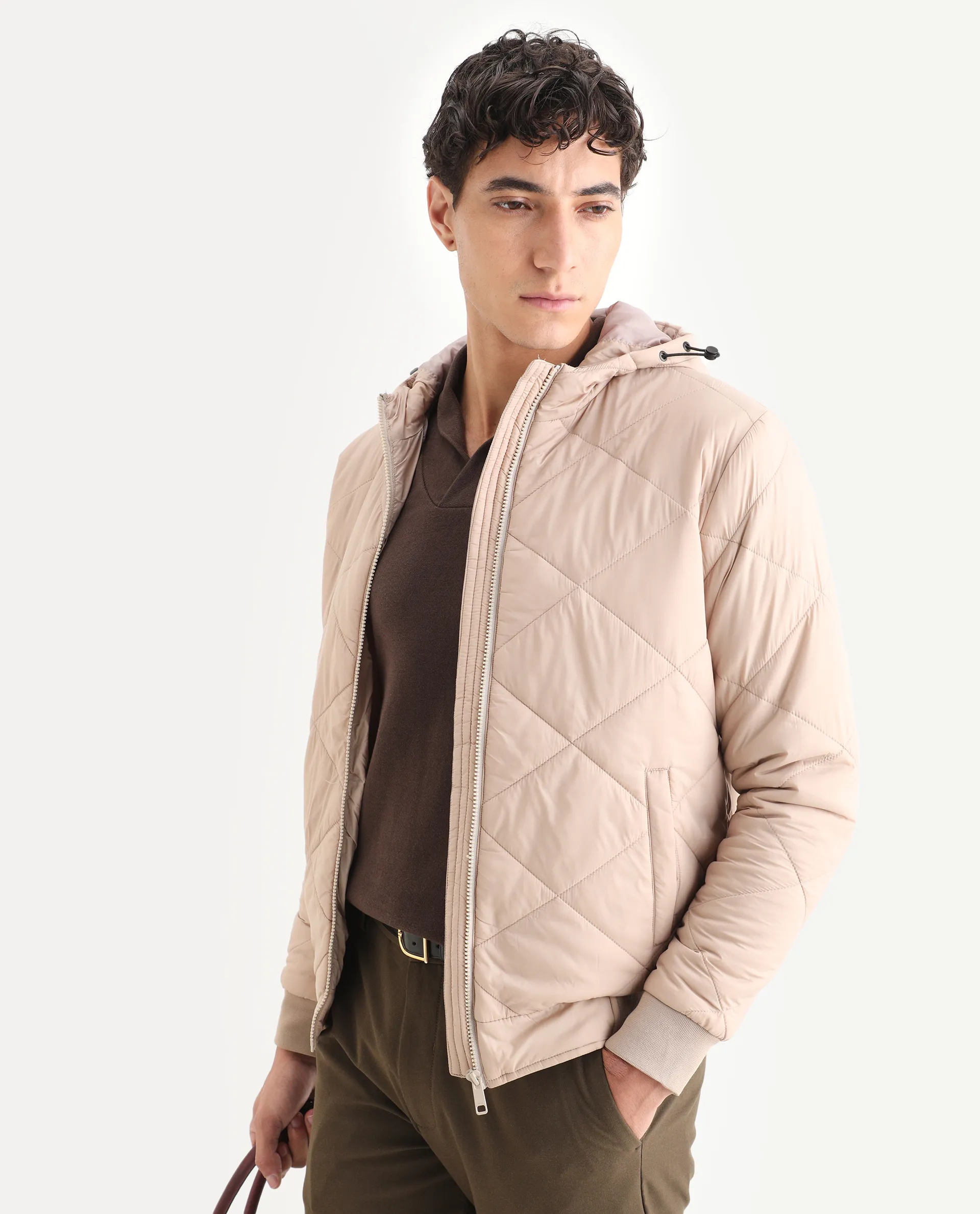Rare Rabbit Men's Parco Dark Beige Nylon Plain Regular Fit Full Sleeve Hooded Jacket - Image 6
