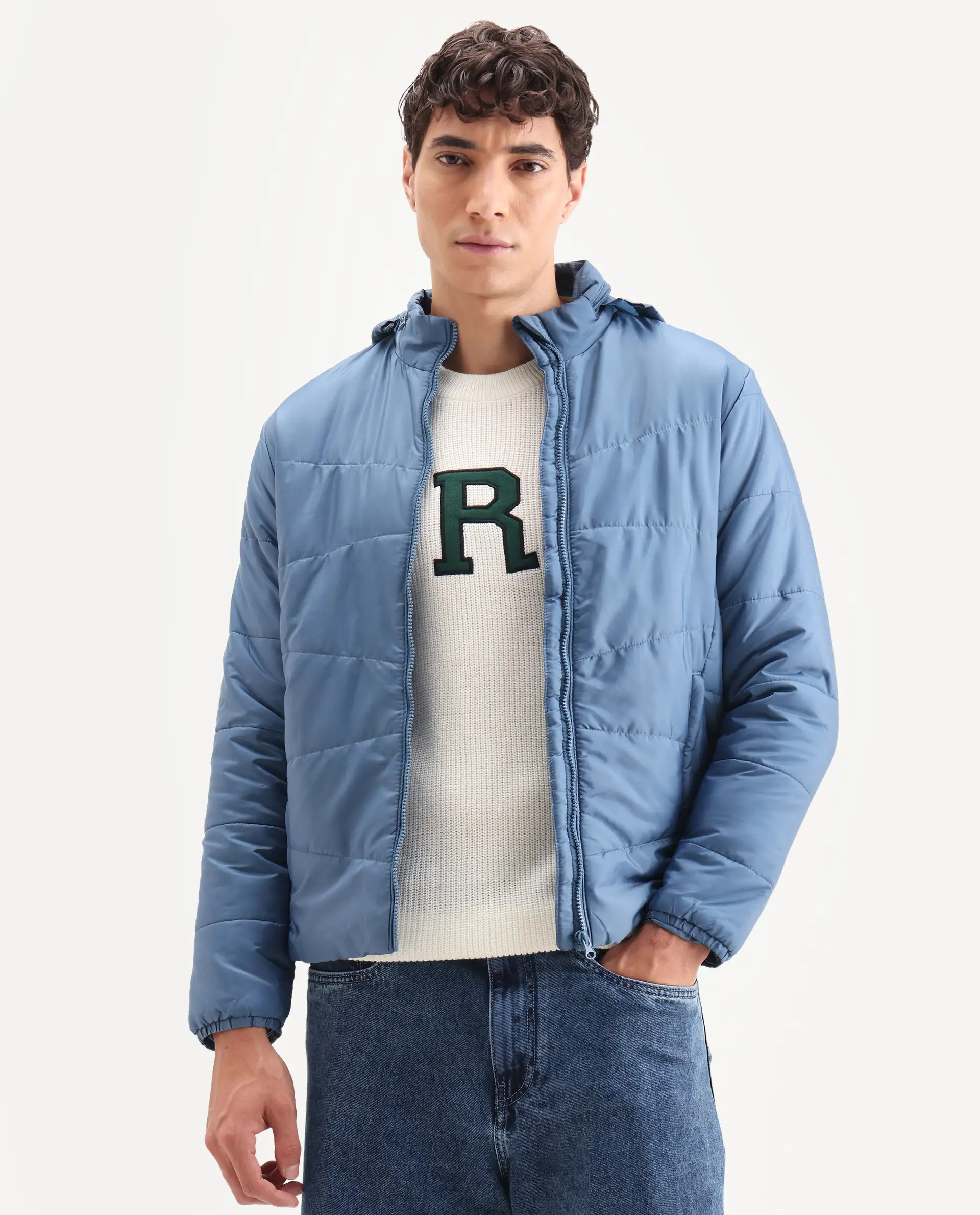 Rare Rabbit Men's Parco Dark Blue Nylon Plain Regular Fit Full Sleeve Hooded Jacket - Image 3