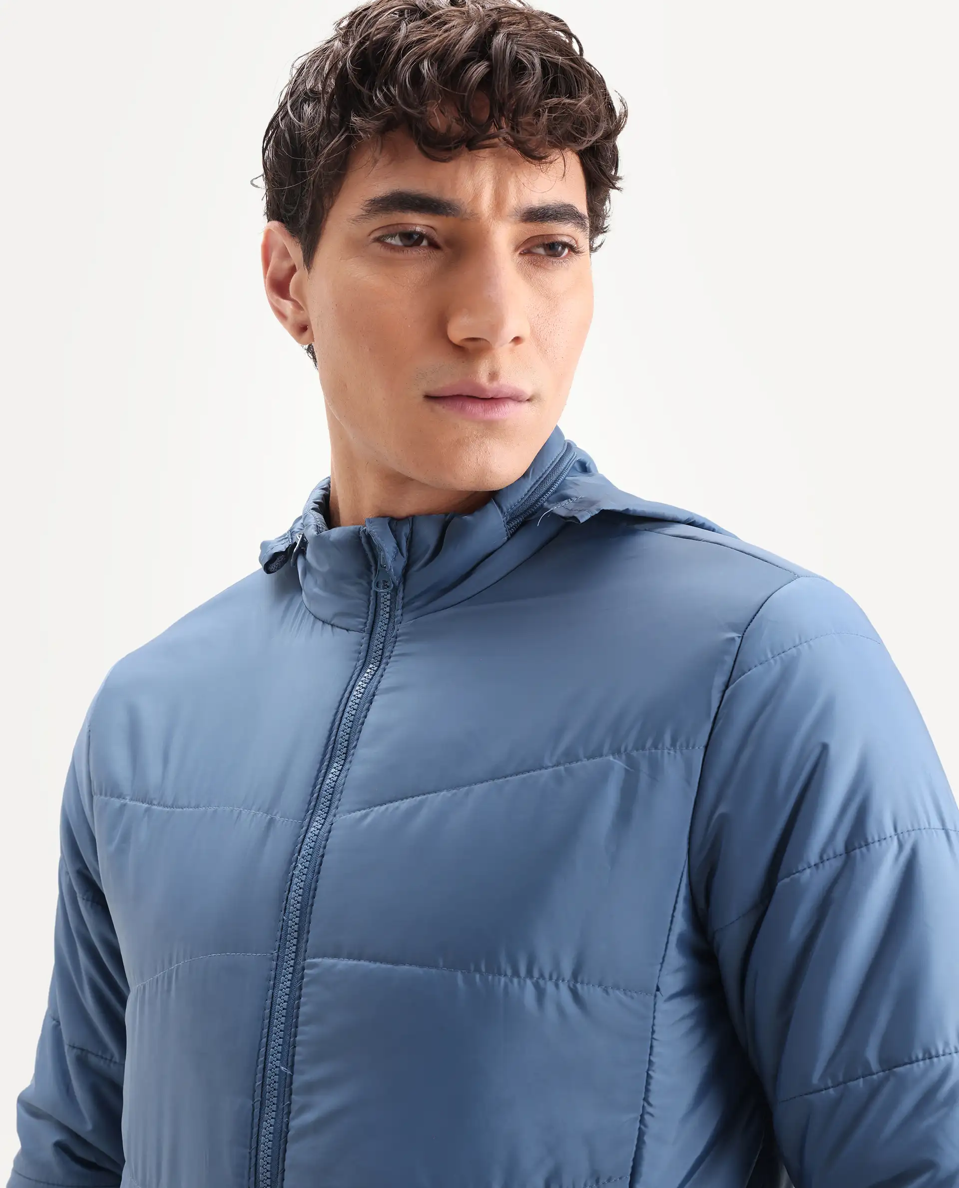Rare Rabbit Men's Parco Dark Blue Nylon Plain Regular Fit Full Sleeve Hooded Jacket - Image 4