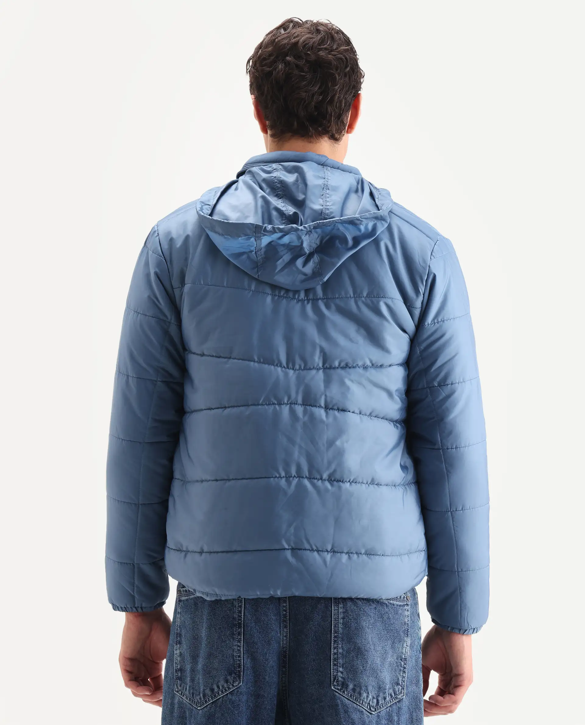 Rare Rabbit Men's Parco Dark Blue Nylon Plain Regular Fit Full Sleeve Hooded Jacket - Image 7
