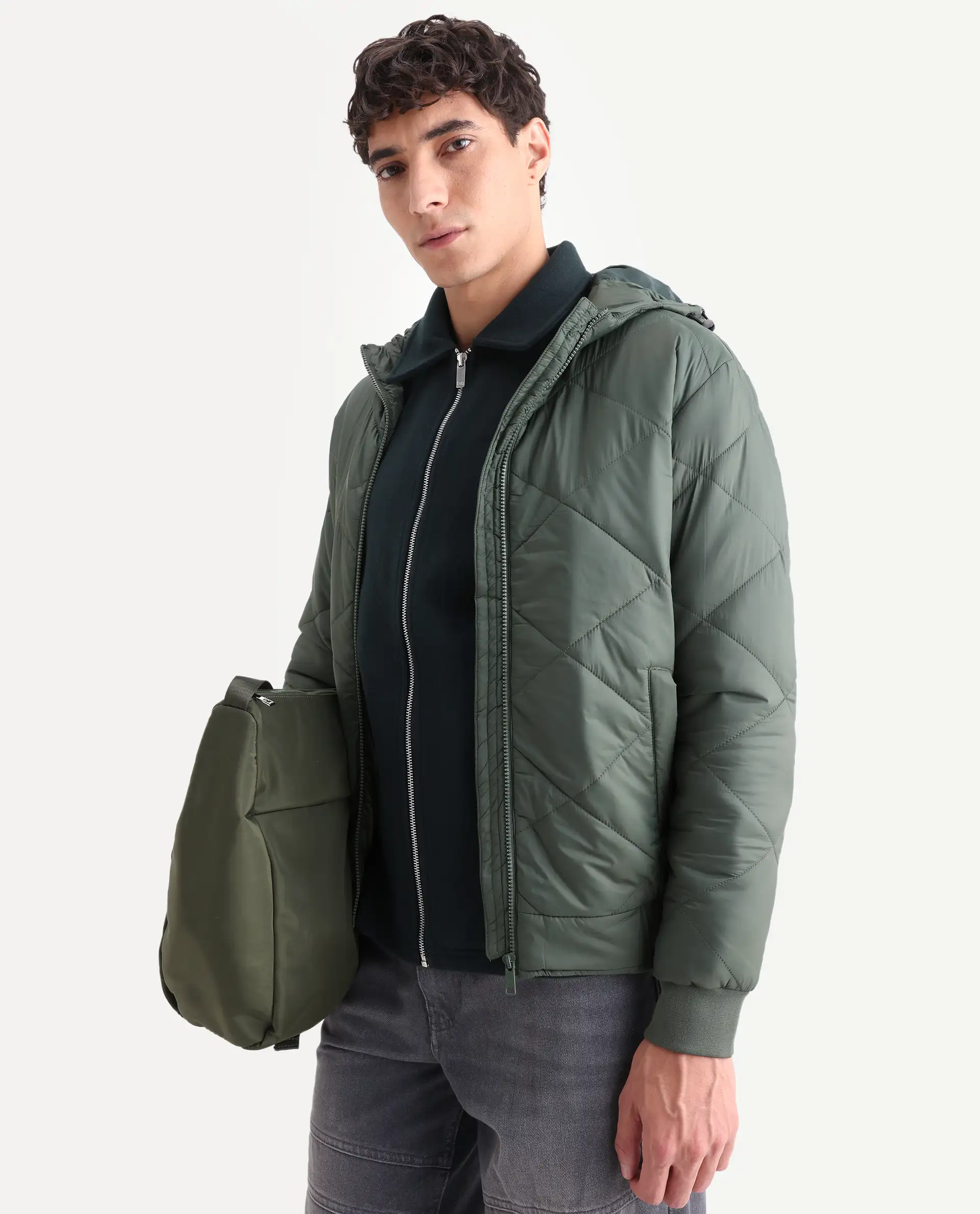 Rare Rabbit Men's Parco Dark Green Nylon Plain Regular Fit Full Sleeve Hooded Jacket