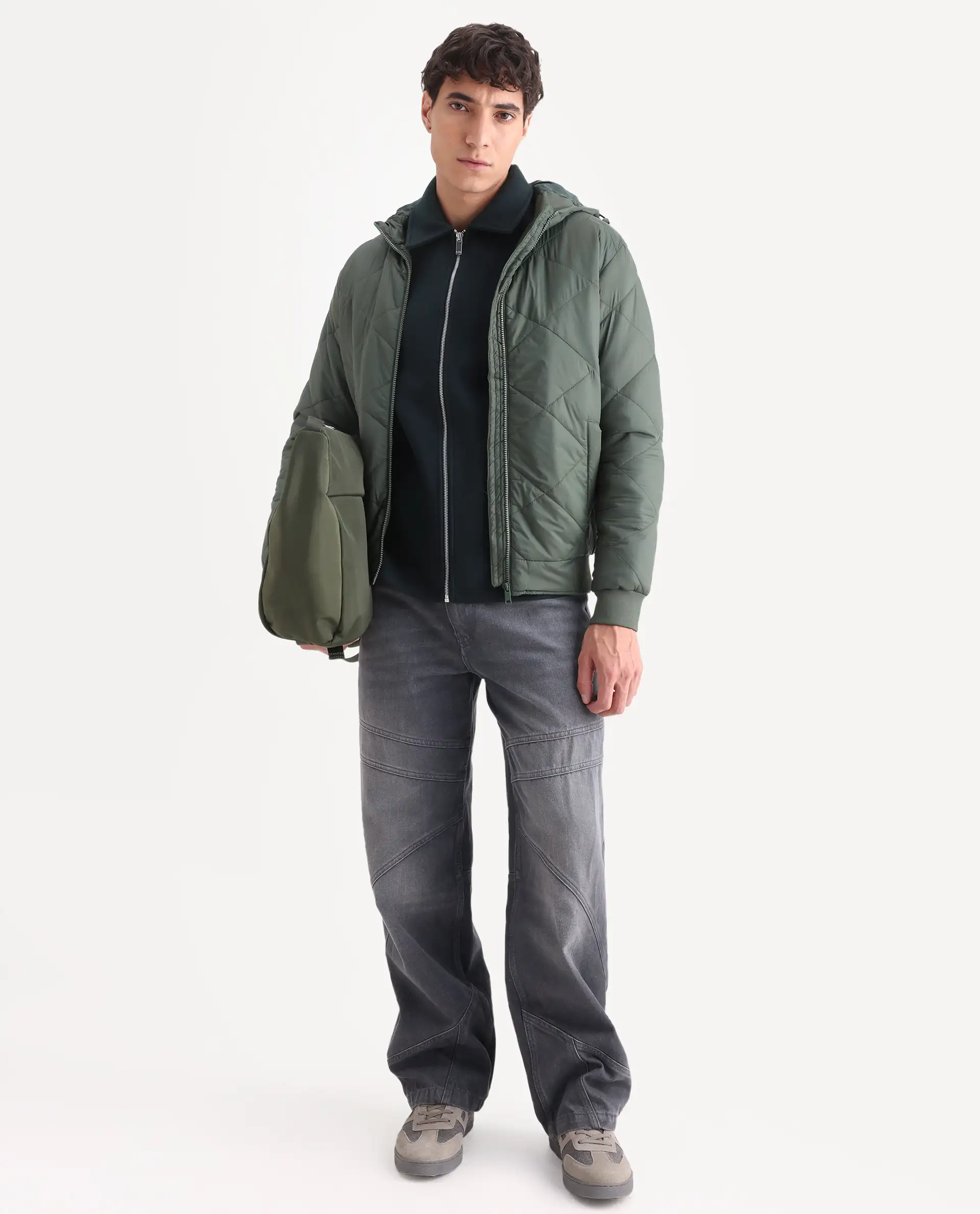 Rare Rabbit Men's Parco Dark Green Nylon Plain Regular Fit Full Sleeve Hooded Jacket - Image 2