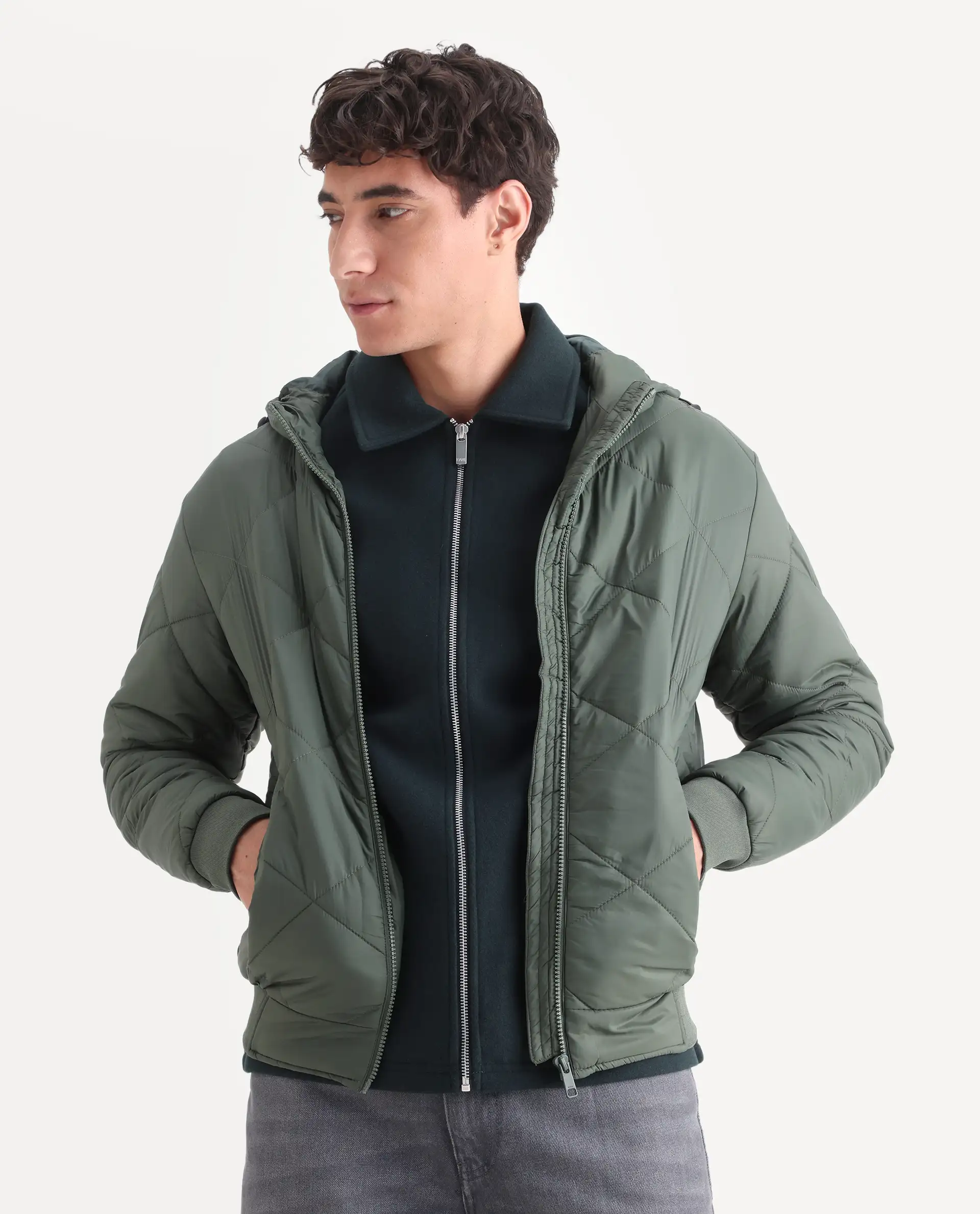 Rare Rabbit Men's Parco Dark Green Nylon Plain Regular Fit Full Sleeve Hooded Jacket - Image 3