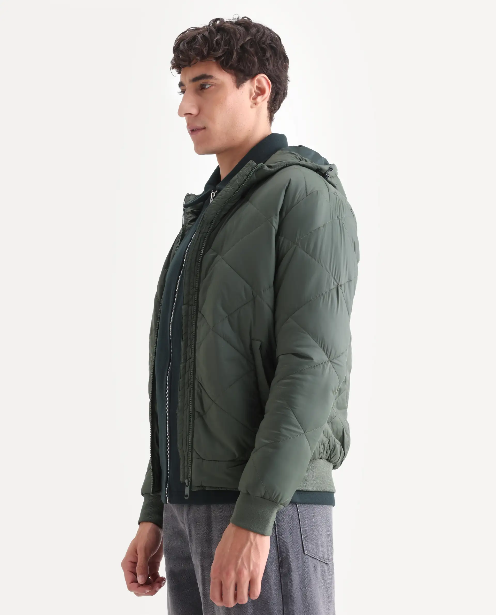Rare Rabbit Men's Parco Dark Green Nylon Plain Regular Fit Full Sleeve Hooded Jacket - Image 6