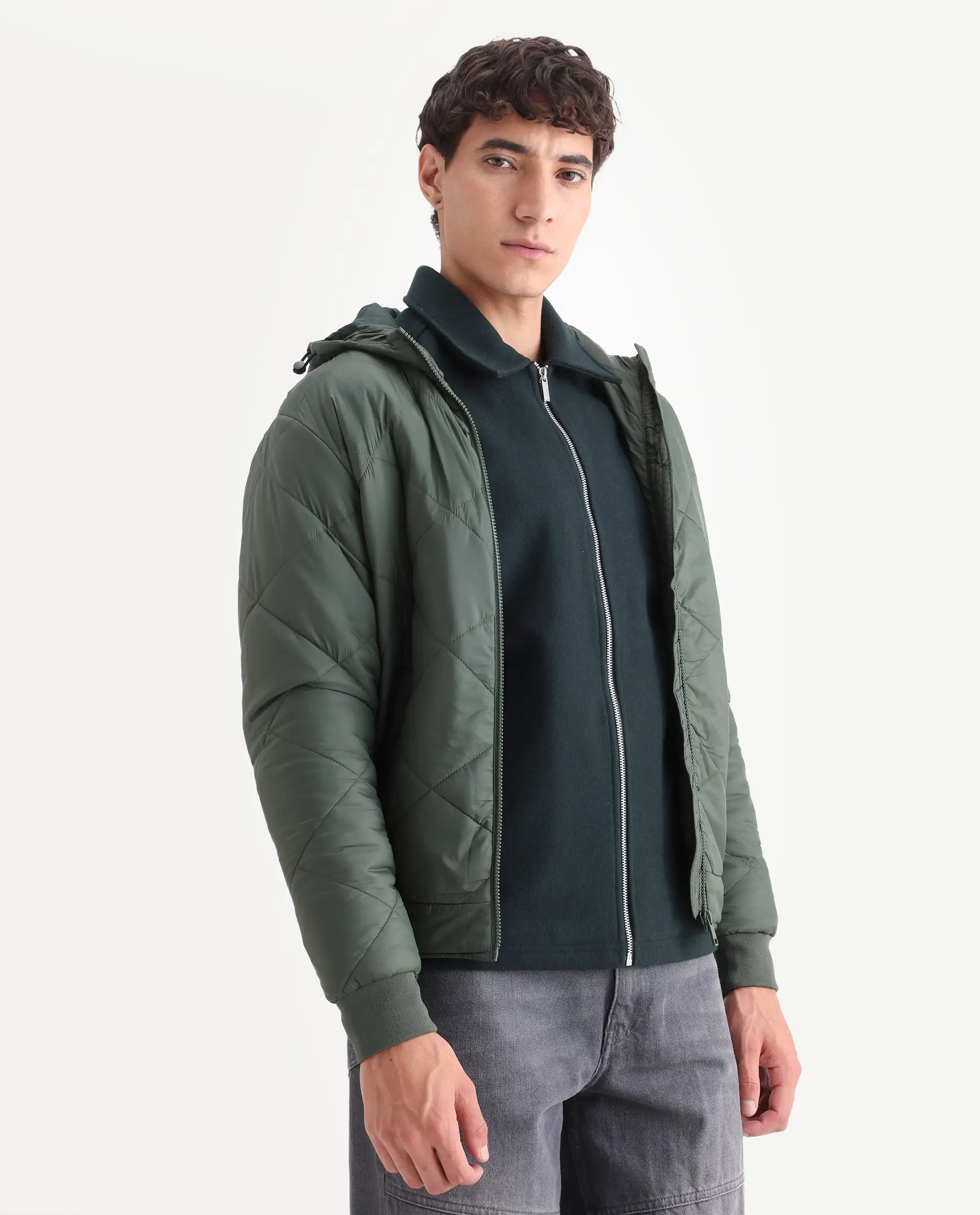 Rare Rabbit Men's Parco Dark Green Nylon Plain Regular Fit Full Sleeve Hooded Jacket - Image 7