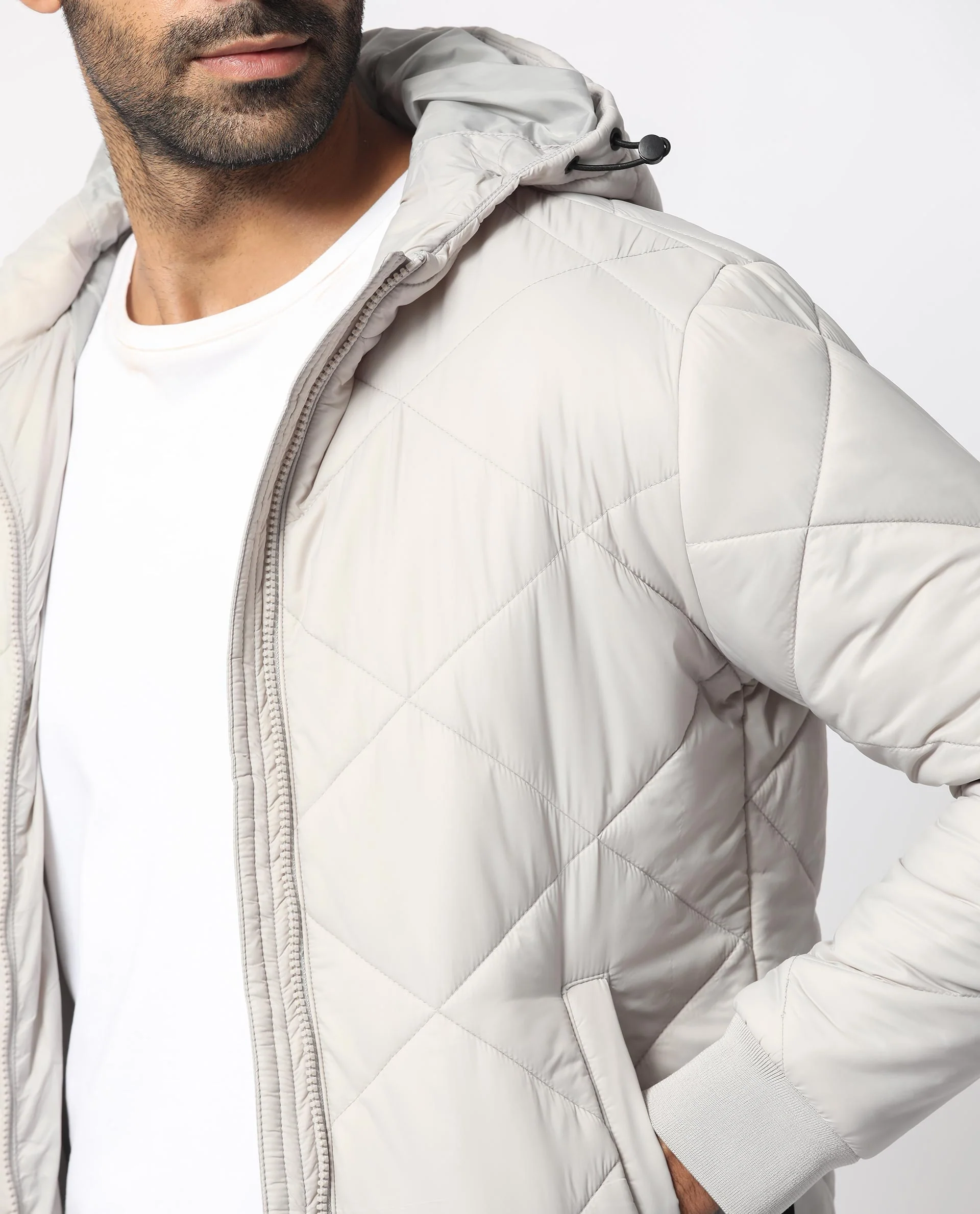 Rare Rabbit Men's Parco Light Grey Nylon Plain Regular Fit Full Sleeve Hooded Jacket - Image 3