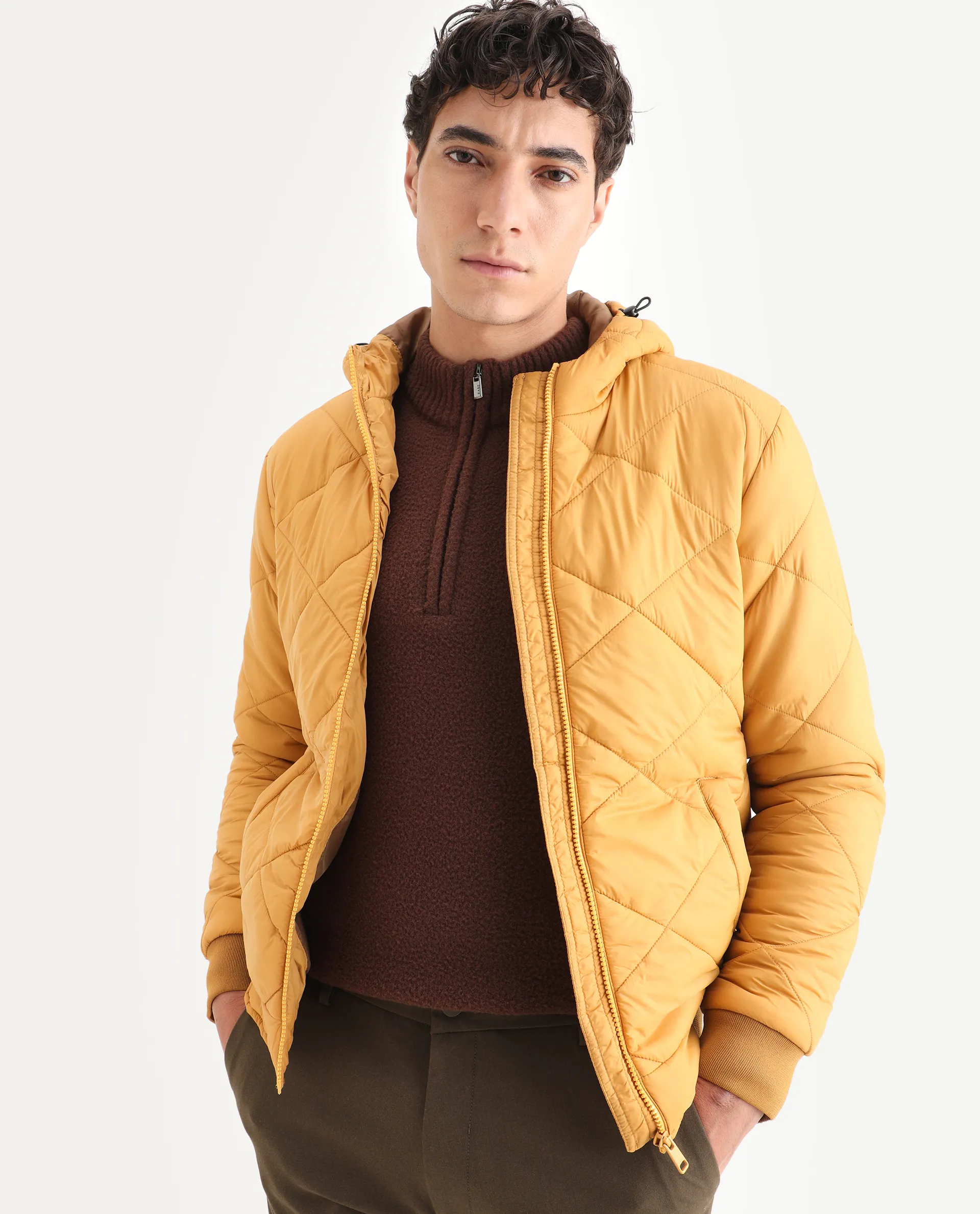 Rare Rabbit Men's Parco Yellow Nylon Plain Regular Fit Full Sleeve Hooded Jacket
