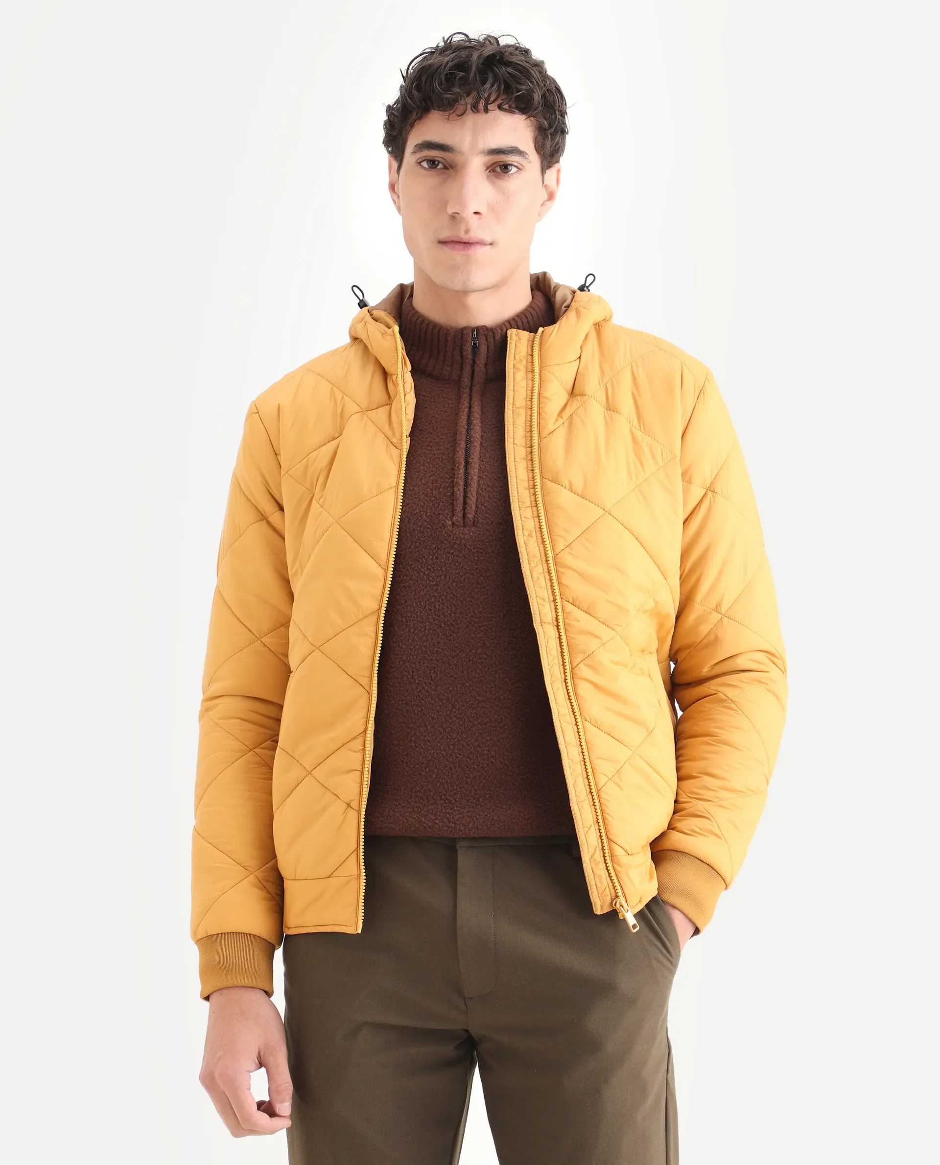 Rare Rabbit Men's Parco Yellow Nylon Plain Regular Fit Full Sleeve Hooded Jacket - Image 4