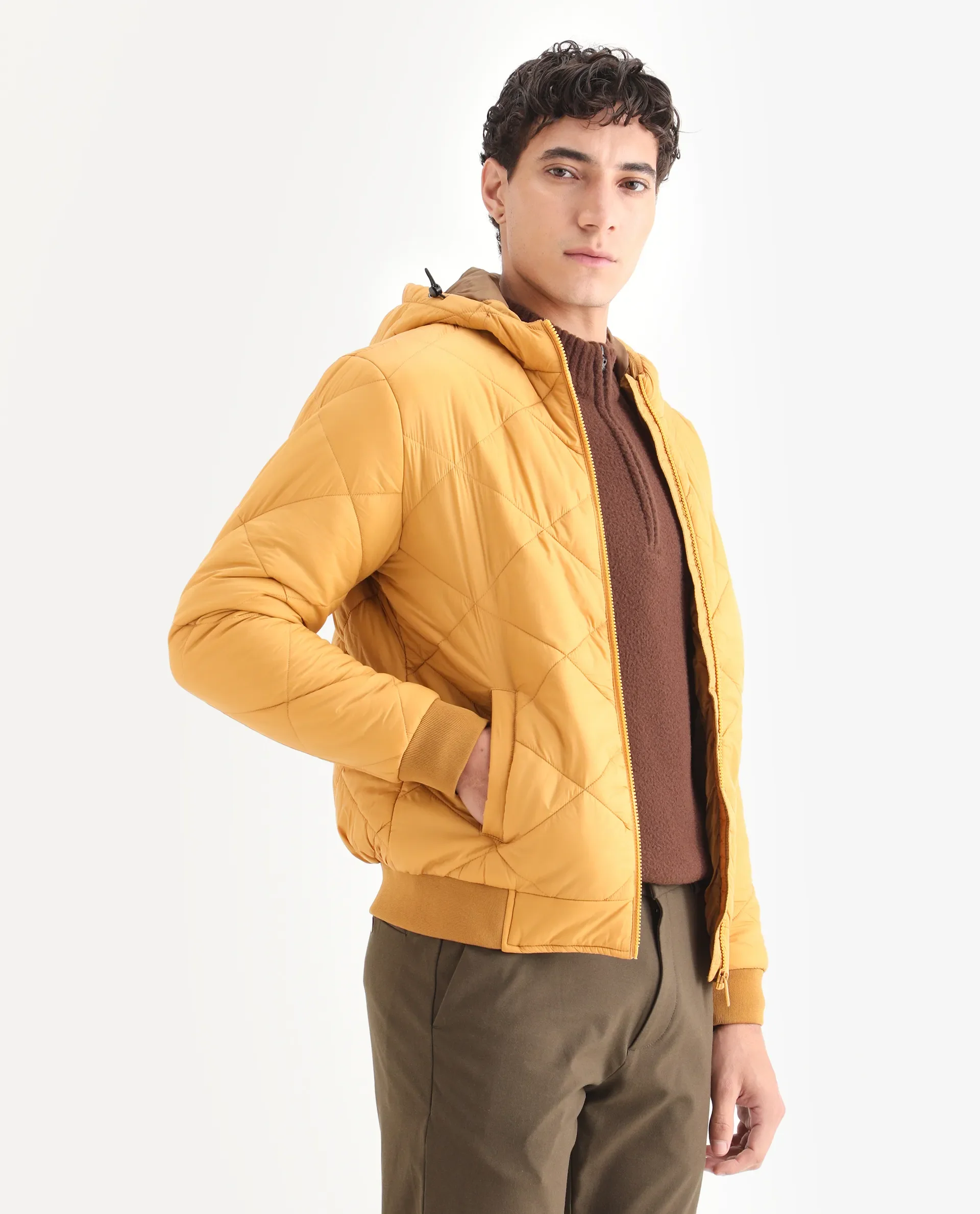 Rare Rabbit Men's Parco Yellow Nylon Plain Regular Fit Full Sleeve Hooded Jacket - Image 5