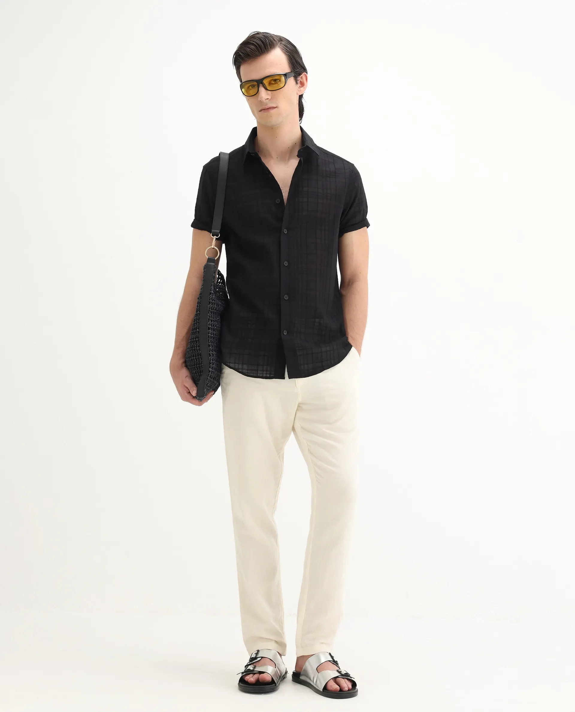 Rare Rabbit Men's Parcor Black Cotton Checked Print Regular Fit Half Sleeve Collared Shirt - Image 2